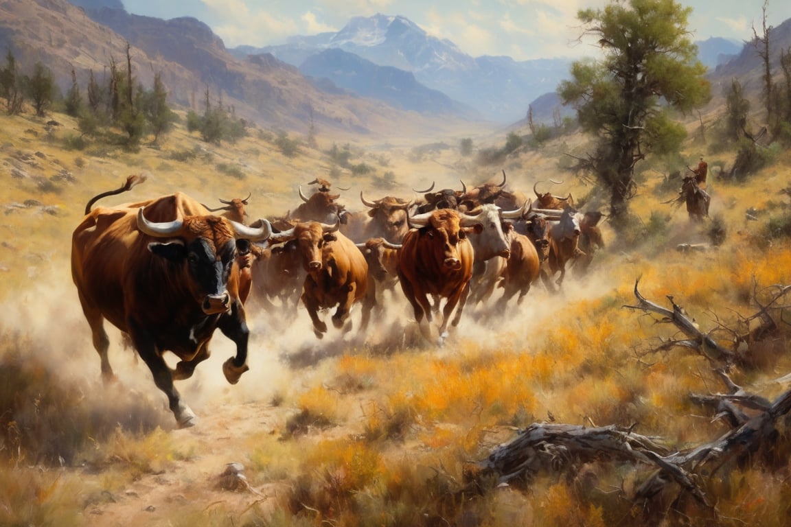 an oil painting masterpiece: a herd of wild bulls being chased by cowboys, the grand western terrain in all its splendour is brought to life in this majestic scene, master brushstrokes, enliven the image.