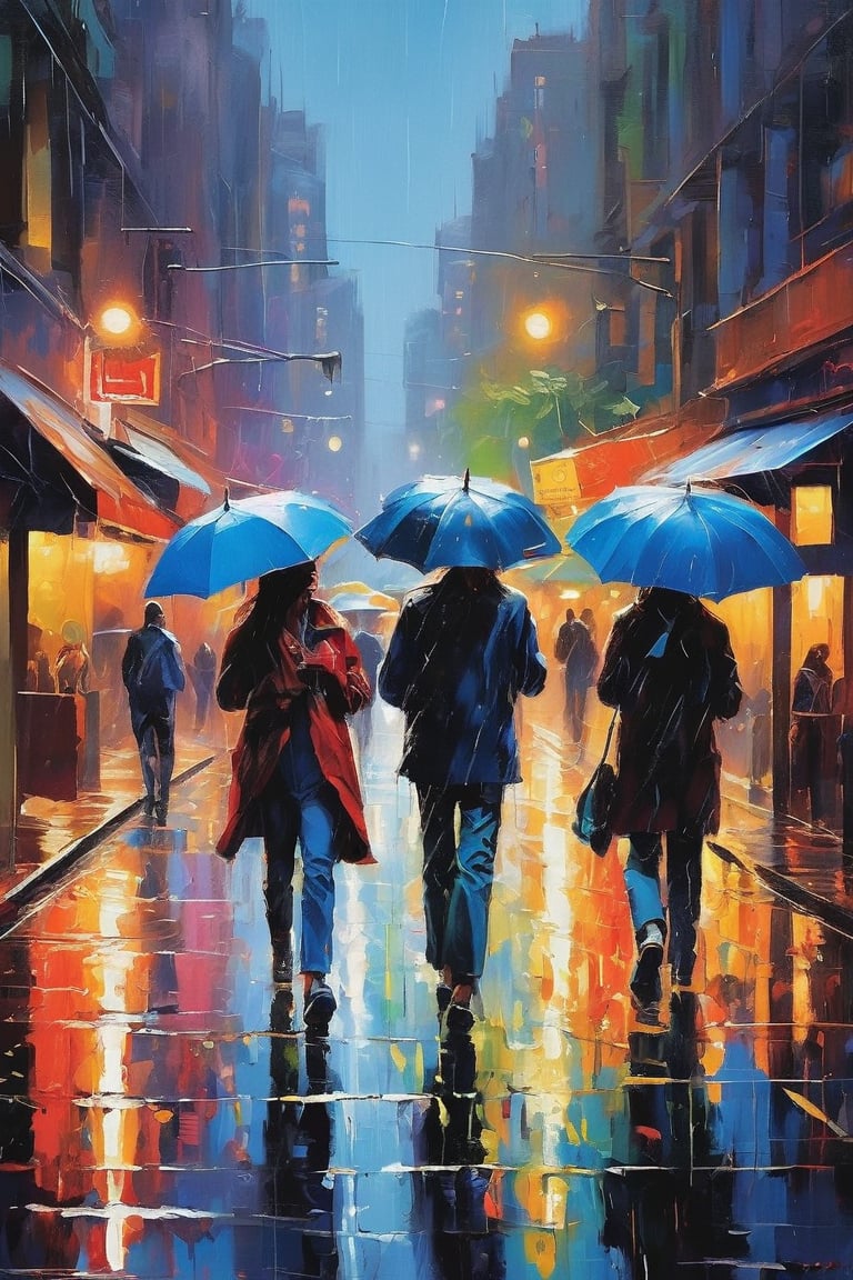 Rain-soaked streets of a modern metropolis come alive as a group of carefree youth step into puddles, their laughter and joyful shouts muffled by the pounding raindrops. Vibrant hues of blue and gray dominate the kaleidoscope sky, with rain lashing gently in the downpour. The warm glow of oil paints captures the diverse charm of the city, showcasing colorful umbrellas, neon lights reflecting off wet pavement, and playful splashes of water amidst the urban jungle.