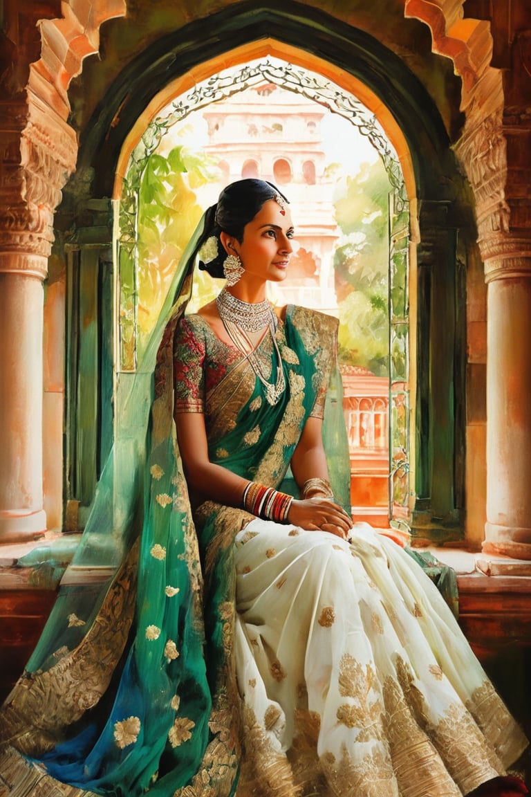 Majestic Indian Queen - A regal portrait of the revered monarch seated within the ornate archway of a grand window, where lush greenery of the royal gardens sprawls majestically beneath. The queen's serene visage exudes elegance, modesty, and humility, as her beauty shines like a beacon across the entire region, commanding reverence from her devoted subjects.