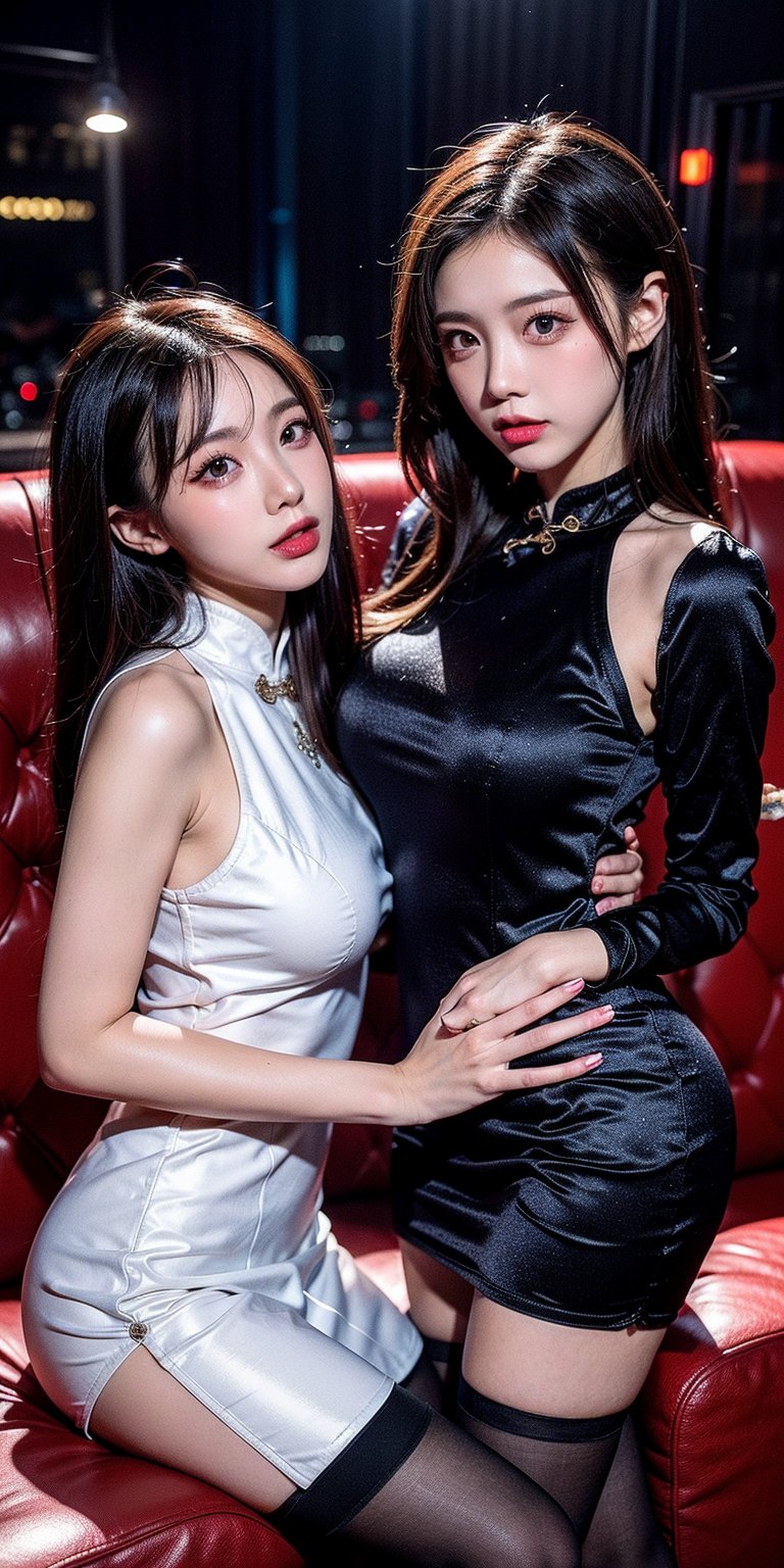 2 girls , 2 22 years old drunk sexy busty girl wearing sexy Design Sense of Cheongsam on the couch ,black stockings, night club background , cinematic lights