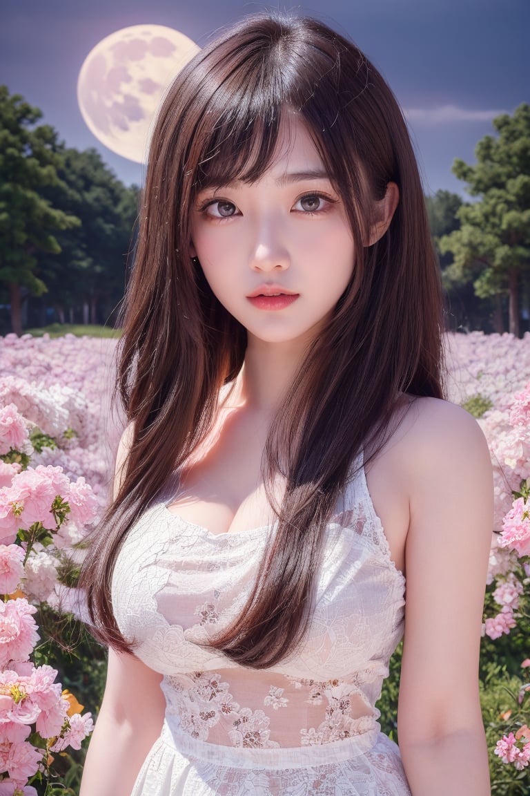 masterpiece, best quality, 1girl, (colorful),(finely detailed beautiful eyes and detailed face),ight brown hair, White lace dress, brown eyes,plaits hairstyle,cinematic lighting,bust shot,extremely detailed CG unity 8k wallpaper,white hair,solo,smile,intricate skirt,((flying petal)),(Flowery meadow) sky, cloudy_sky, building, moonlight, moon, night, (dark theme:1.3), light, fantasy,jisoo,1 girl,Asia,Woman ,z1l4,enhanc3d