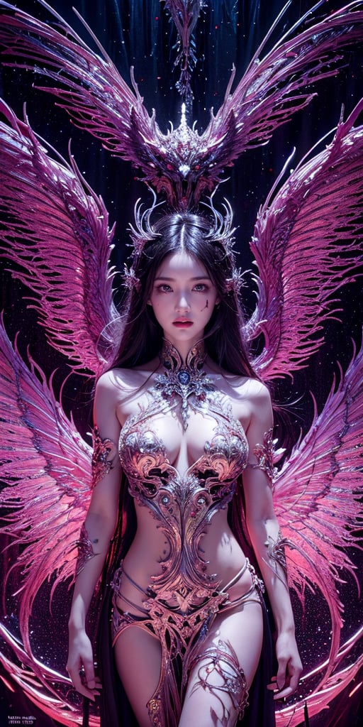 Horror-themed Abstract style, otherworldly being with luminous ethereal wings, radiating an aura of tranquility and grace, body adorned with intricate patterns and delicate lines, evoking a sense of harmony amidst chaos, high detail, award winning masterpiece with incredible details, non-representational, colors and shapes, expression of feelings, imaginative, highly detailed, eerie, unsettling, dark, spooky, suspenseful, grim, highly detailed, 