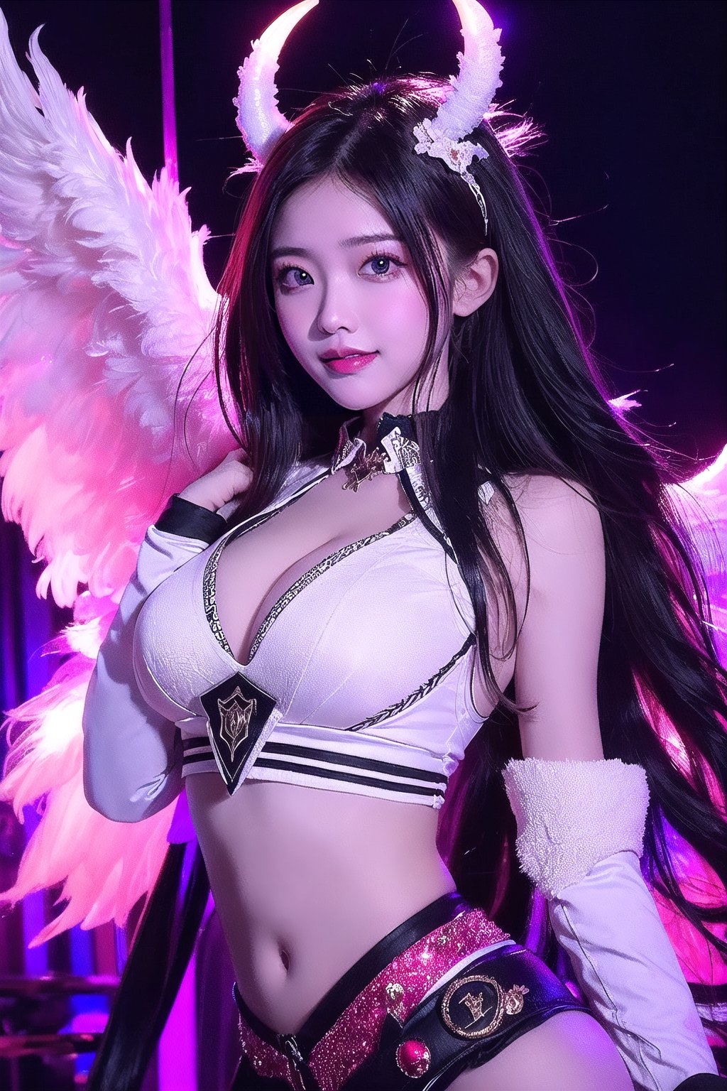 masterpiece, best quality, 1 girl, solo, long hair, brunette, breasts, smile, looking at audience, open mouth, big breasts, gloves, navel, yellow eyes, wings, horns, solo focus, elbow gloves, white gloves, night, glow, devil girl, slit pupil, devil horns, glowing eyes, black wings, devil wings, low wings, (albedo), (albedo), (athletic cowgirl), photo, (Sports), Surrealism, Anime, Fantasy, Magic, 8k:1.3, Vivian, Midway