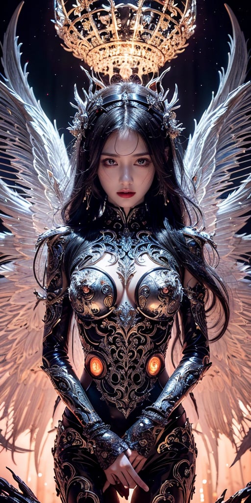 Horror-themed Abstract style, otherworldly being with luminous ethereal wings, radiating an aura of tranquility and grace, body adorned with intricate patterns and delicate lines, evoking a sense of harmony amidst chaos, high detail, award winning masterpiece with incredible details, non-representational, colors and shapes, expression of feelings, imaginative, highly detailed, eerie, unsettling, dark, spooky, suspenseful, grim, highly detailed, 