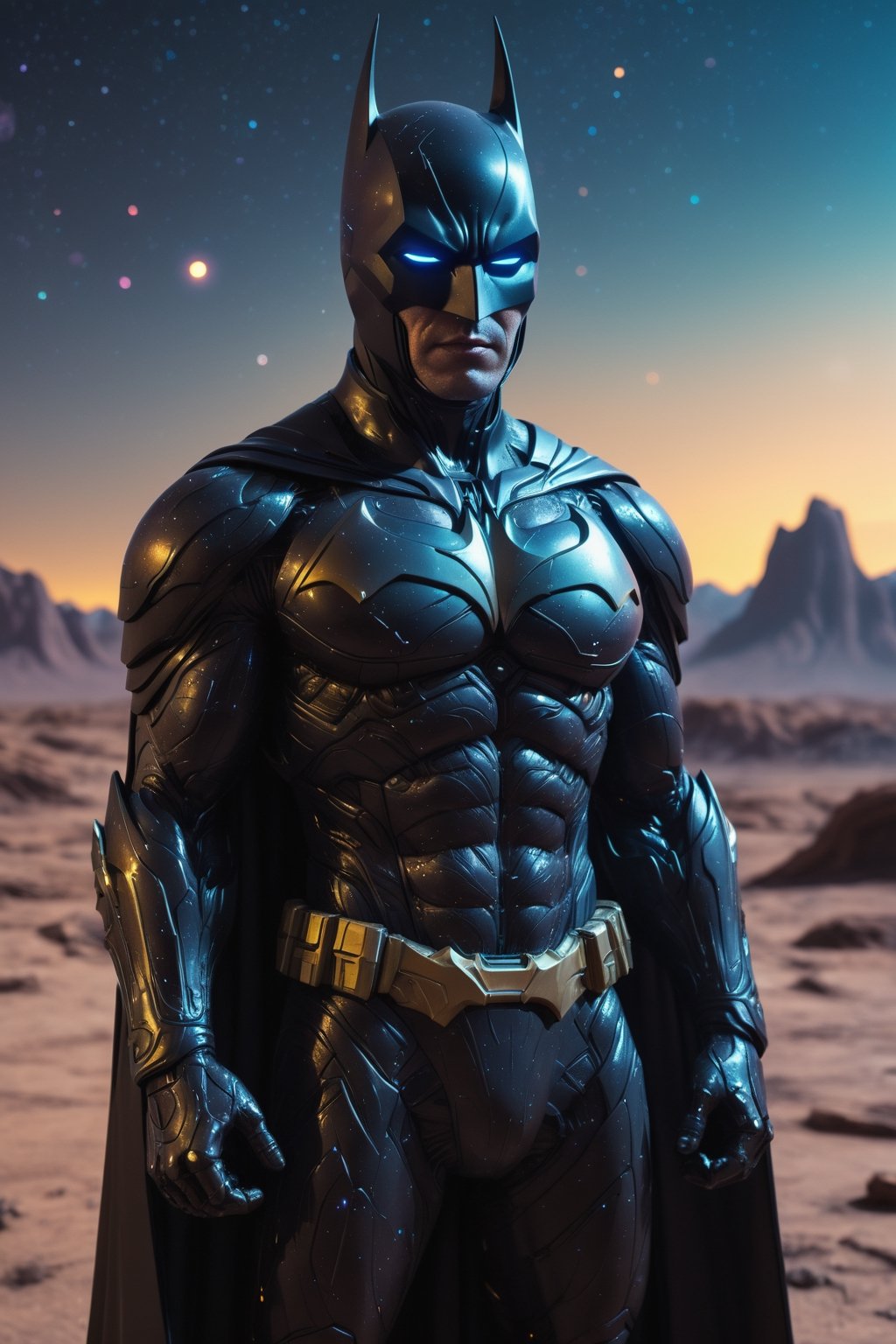 A futuristic Batman suit with a cosmic theme, standing on the surface of an alien planet. The suit is made of dark, armored material, and it has a bat-shaped symbol on the chest. Batman is holding a cosmic energy sword, and he is surrounded by alien creatures. The background is a barren, rocky landscape, with two moons in the sky. The special effects include glowing energy lines around the suit, and a cosmic energy aura surrounding Batman. Rendered in stunning photorealism, with incredible detail and质感.