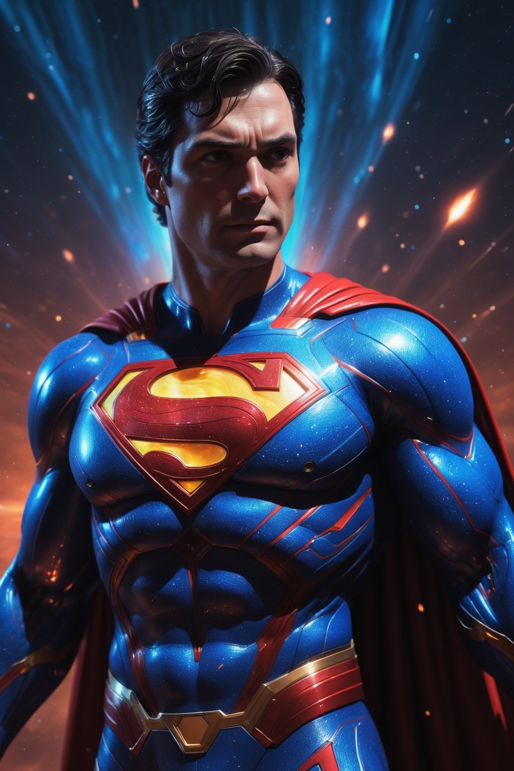 A futuristic Superman suit with a cosmic theme, flying through a meteor shower. The suit is made of a Kryptonian alloy that is incredibly strong and durable. It also has a variety of built-in powers, including heat vision, super strength, and flight. The background is a field of asteroids, with a red giant star in the distance. The special effects include glowing energy lines around the suit, and a cosmic energy field surrounding Superman. Rendered in stunning photorealism, with incredible detail and质感.