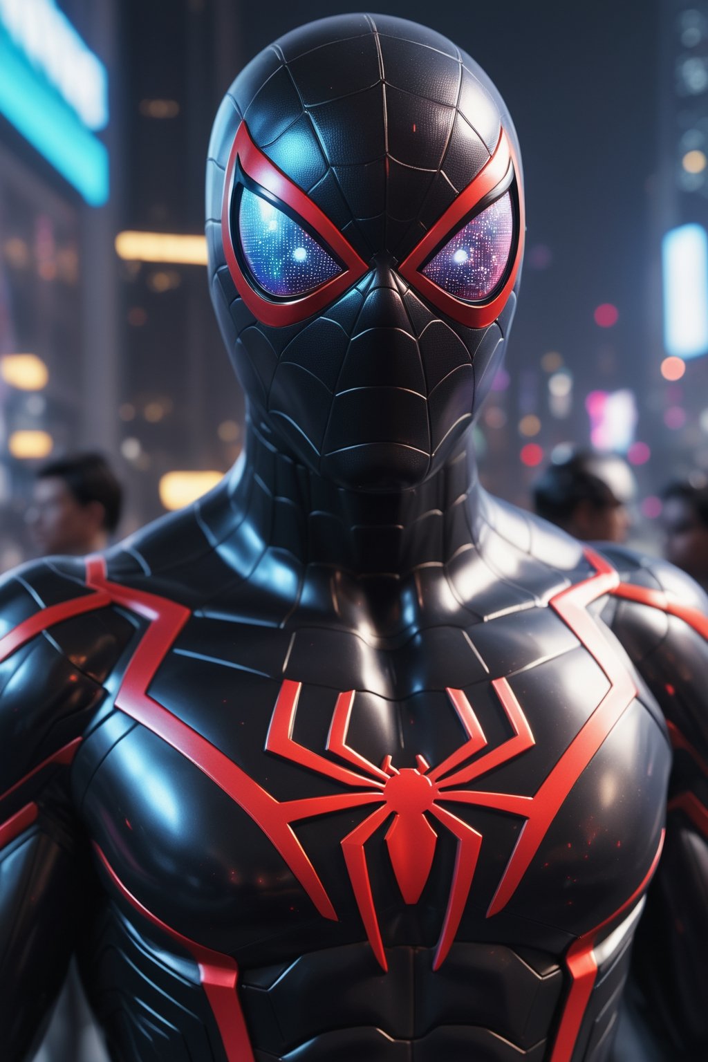 A futuristic Spider-Man suit with a space bandit theme, robbing a space bank. The suit is made of a sleek, black material, and it has a spider symbol on the chest. Spider-Man is holding a laser pistol, and he is surrounded by security guards. The background is a futuristic city, with skyscrapers and neon lights. The special effects include glowing energy lines around the suit, and a holographic disguise that allows Spider-Man to blend in with the crowd. Rendered in stunning photorealism, with incredible detail and质感.