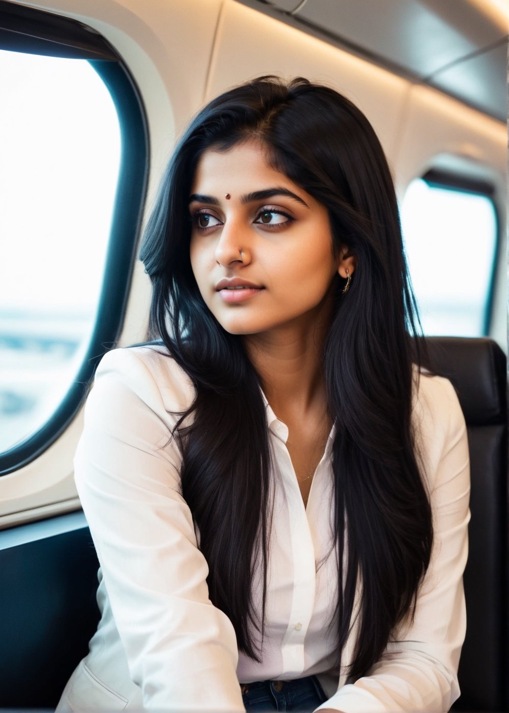cute young attractive indian girl, 22 years old, cute, an Instagram model, long black_hair, colorful hair, at a flight, Indian, white suite in a mumbai, with apple laptop. in a jeans t shirt.