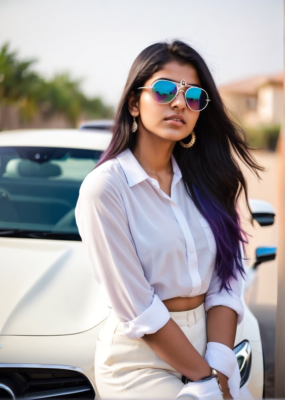 lovely cute young attractive indian teenage girl, 22 years old, cute, an Instagram model,  black_hair, colorful hair, out a new Mercedes car. white Goggles.