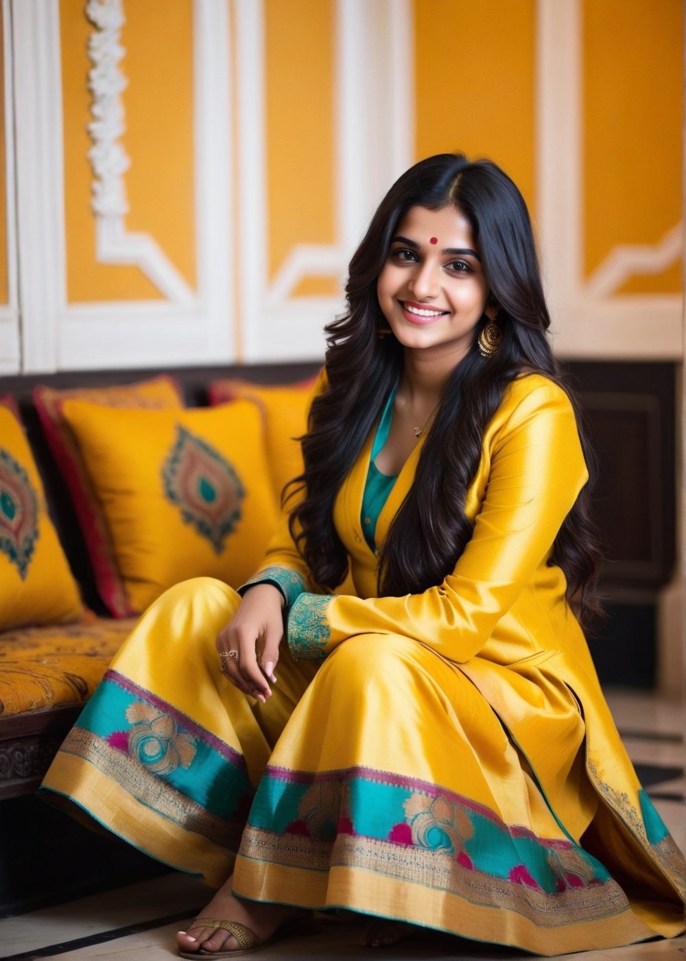 lovely cute young attractive indian teenage girl in a yellow banarasi suite,  smile, 23 years old, cute, an Instagram model, long black_hair, colorful hair, winter, sitting in a decorative room,Indian, 