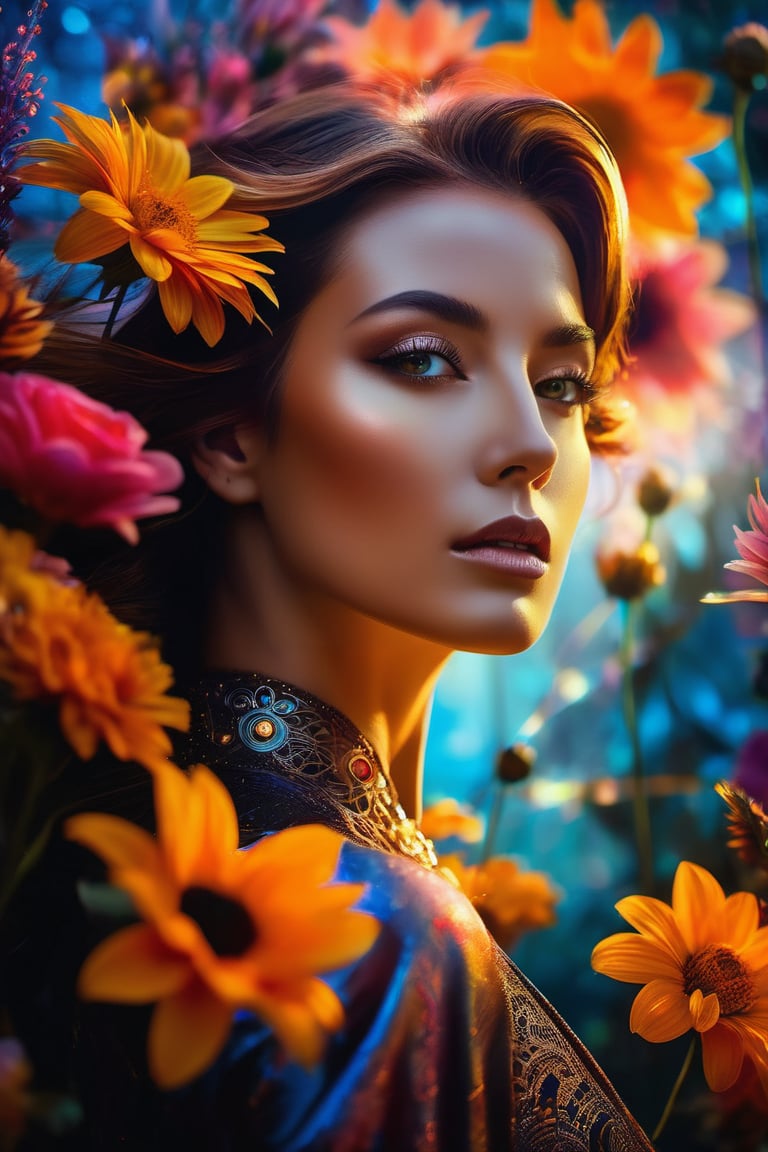 A mesmerizing and enigmatic close-up of woman, captures her ethereal form illuminated by a soft, glowing light. The background showcases a field of vibrant flowers, with petal vortices swirling in the wind, creating a mystical atmosphere. The artist's distinct style combines elements of deco steampunk and futuristic aesthetics, with mist and silhouettes adding depth to the scene. This captivating, wide long shot visual masterpiece is a stunning representation of Abstract Neorealism, blending perfect detail and moody tones to create an unforgettable work of art. eye contact, seductive look, high saturation