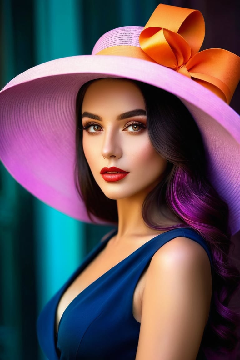 𝗙𝗮𝘀𝗵𝗶𝗼𝗻 ᴀʟʙᴜᴍ, In a world of colors, she wears an elegant hat, A wistful gaze, a touch of mystery, where dreams are at. Her beauty, a stroke of artistry, in every detail and line, A digital masterpiece, a fantasy so divine. Eye contact. Masterpiece. High saturation. Full body portrait. 