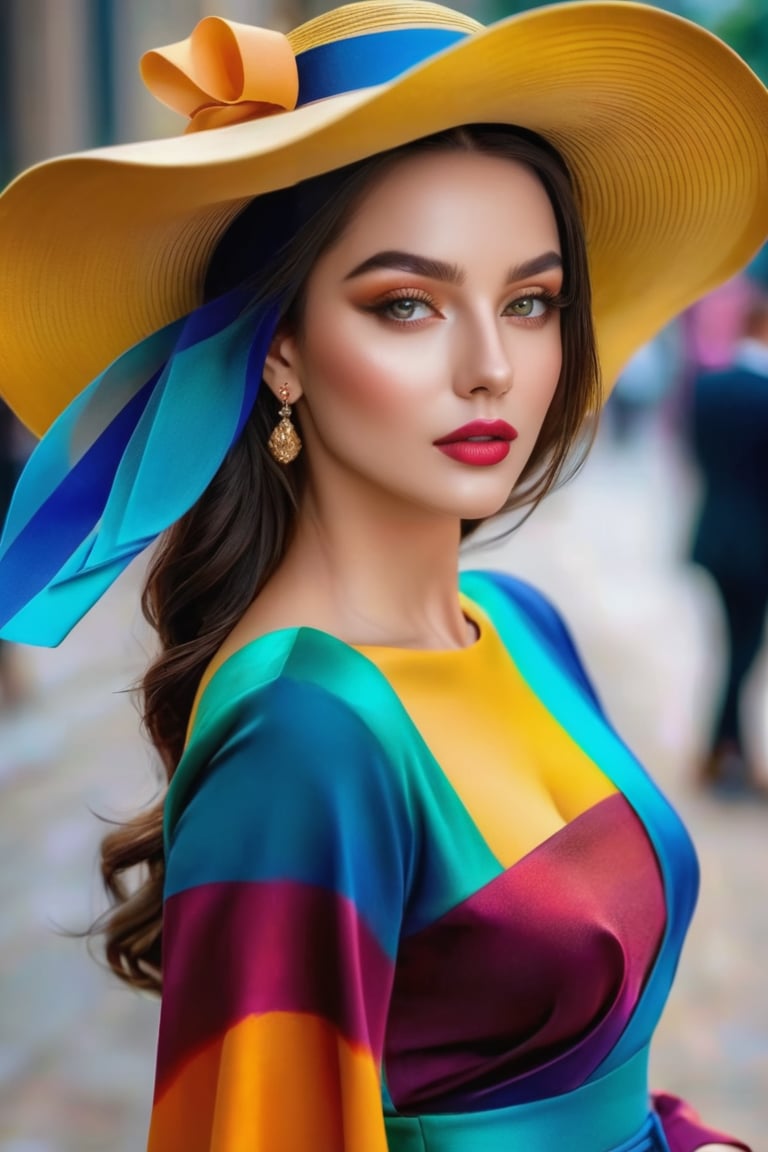 𝗙𝗮𝘀𝗵𝗶𝗼𝗻 ᴀʟʙᴜᴍ, In a world of colors, she wears an elegant hat, A wistful gaze, a touch of mystery, where dreams are at. Her beauty, a stroke of artistry, in every detail and line, A digital masterpiece, a fantasy so divine. Eye contact. Masterpiece. High saturation. Full body portrait. 