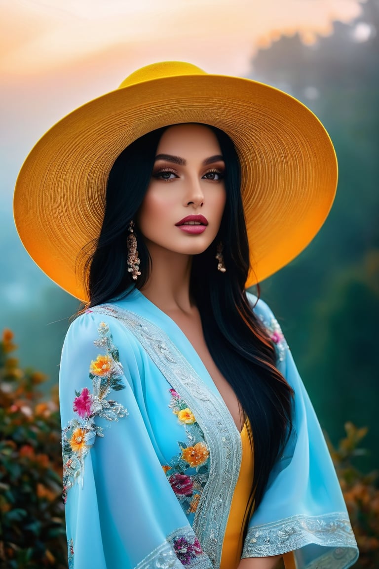 𝗙𝗮𝘀𝗵𝗶𝗼𝗻 ᴀʟʙᴜᴍ, In a world of colors, she wears an elegant hat, A wistful gaze, a touch of mystery, where dreams are at. Her beauty, a stroke of artistry, in every detail and line, A digital masterpiece, a fantasy so divine. Eye contact. Masterpiece. High saturation. Full body portrait, fog in the background