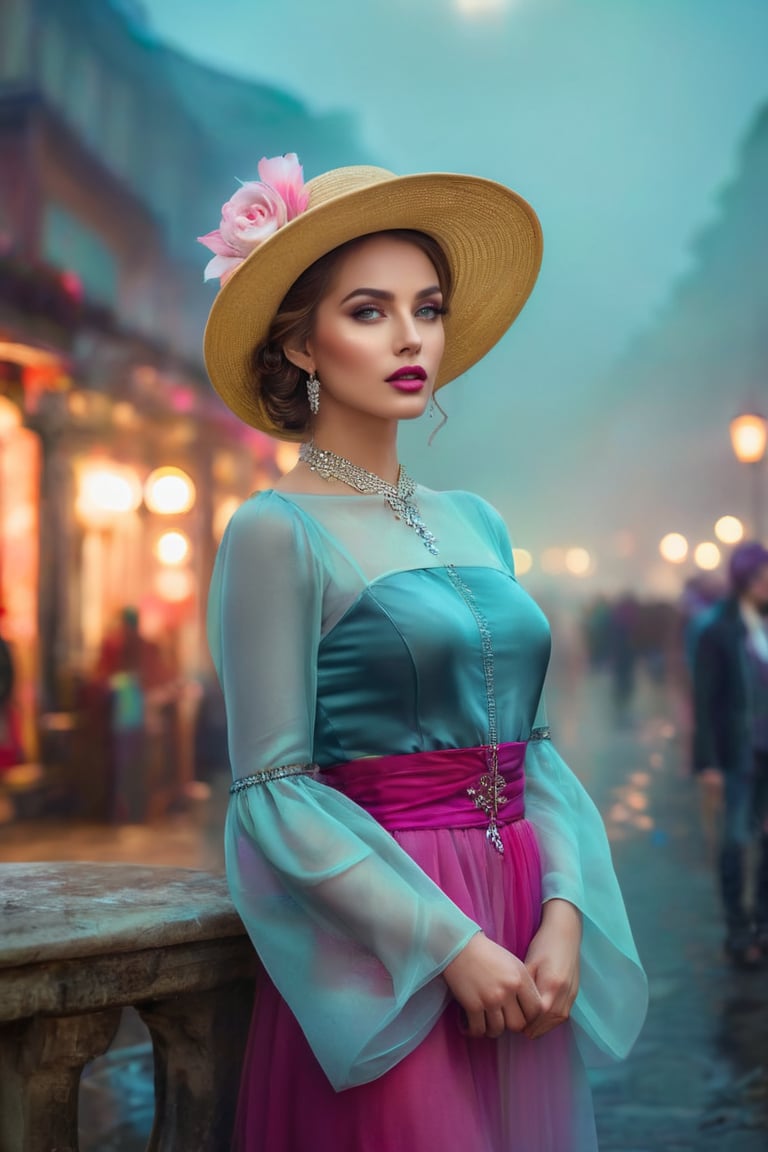 𝗙𝗮𝘀𝗵𝗶𝗼𝗻 ᴀʟʙᴜᴍ, In a world of colors, she wears an elegant hat, A wistful gaze, a touch of mystery, where dreams are at. Her beauty, a stroke of artistry, in every detail and line, A digital masterpiece, a fantasy so divine. Eye contact. Masterpiece. High saturation. Full body portrait, fog in the background