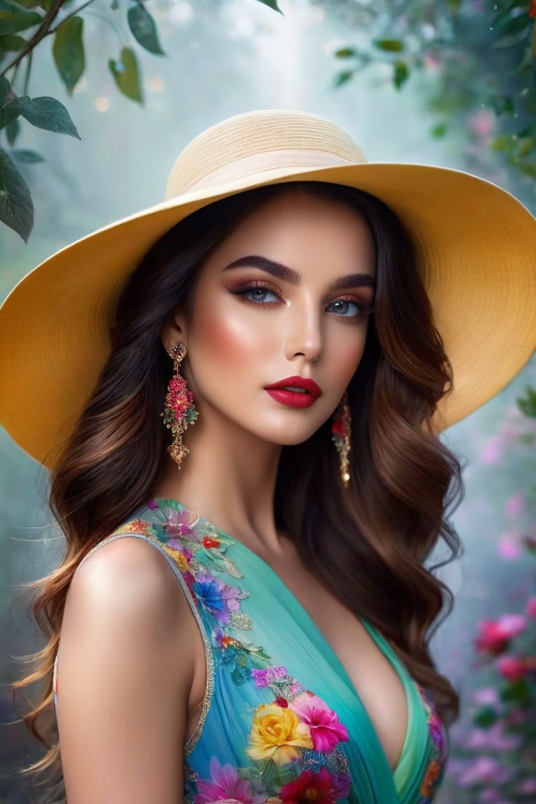 𝗙𝗮𝘀𝗵𝗶𝗼𝗻 ᴀʟʙᴜᴍ, In a world of colors, she wears an elegant hat, A wistful gaze, a touch of mystery, where dreams are at. Her beauty, a stroke of artistry, in every detail and line, A digital masterpiece, a fantasy so divine. Eye contact. Masterpiece. High saturation. Full body portrait, fog in the background