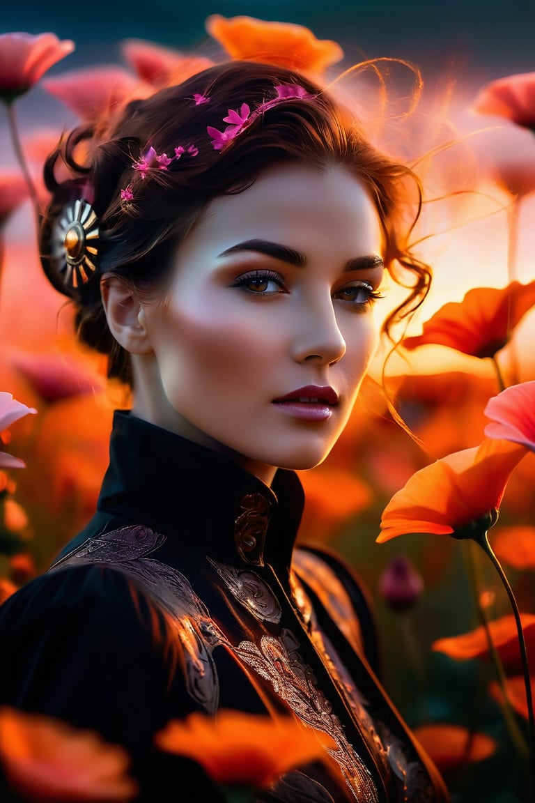 A mesmerizing and enigmatic close-up of woman, captures her ethereal form illuminated by a soft, glowing light. The background showcases a field of vibrant flowers, with petal vortices swirling in the wind, creating a mystical atmosphere. The artist's distinct style combines elements of deco steampunk and futuristic aesthetics, with mist and silhouettes adding depth to the scene. This captivating, wide long shot visual masterpiece is a stunning representation of Abstract Neorealism, blending perfect detail and moody tones to create an unforgettable work of art. eye contact, seductive look, high saturation