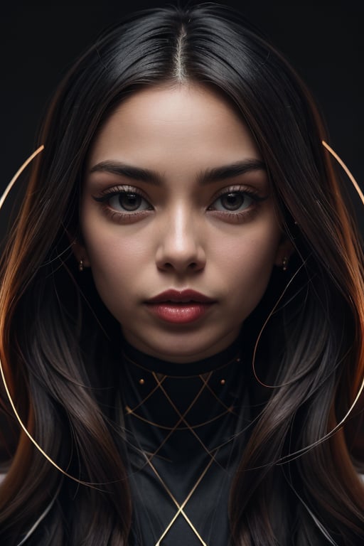 a beautiful female model, a beautiful young woman, with long black hair, her gaze intense as she confronts the camera lens. Her head is encircled by a captivatingarrangement of minimalist geometric shapes - circles, triangles, and squares - that swirl and intertwine around her face, creating a mesmerizing visual rhythm. The monochromatic grey backdrop emphasizes the elegance and simplicity of the shapes, while the woman's vibrant, fashionable outfit adds a touch of contemporary flair. This photograph seamlessly blends the realms of conceptual art and cinematic portrait photography, prompting the viewer to delve into the thought-provoking narrative hidden within this enchanting scene.