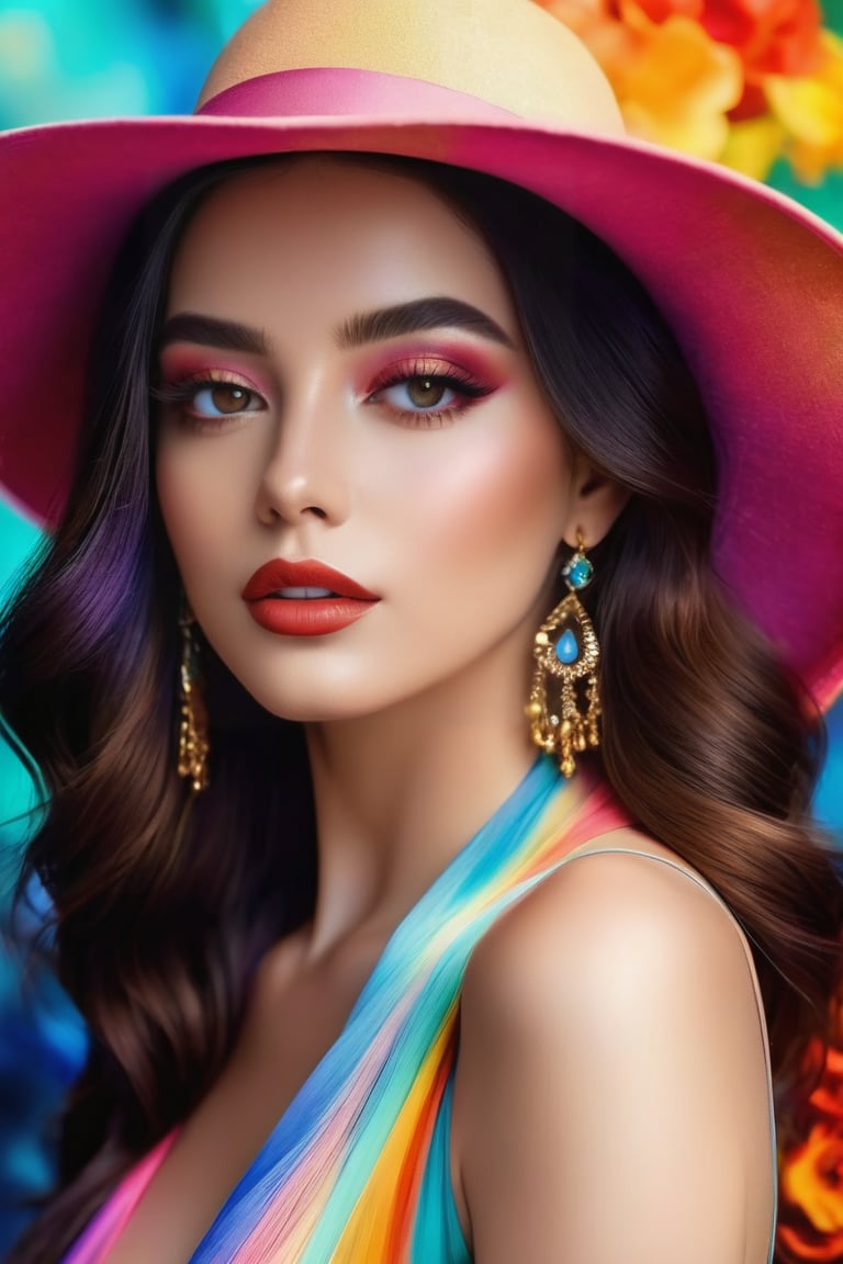 𝗙𝗮𝘀𝗵𝗶𝗼𝗻 ᴀʟʙᴜᴍ, In a world of colors, she wears an elegant hat, A wistful gaze, a touch of mystery, where dreams are at. Her beauty, a stroke of artistry, in every detail and line, A digital masterpiece, a fantasy so divine. Eye contact. Masterpiece. High saturation. Full body portrait. 