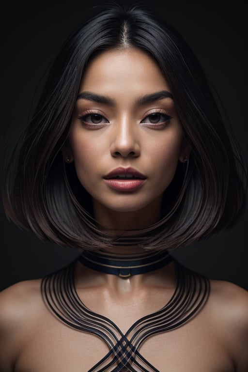 a beautiful female model, a beautiful young woman, with long black hair, her gaze intense as she confronts the camera lens. Her head is encircled by a captivatingarrangement of minimalist geometric shapes - circles, triangles, and squares - that swirl and intertwine around her face, creating a mesmerizing visual rhythm. The monochromatic grey backdrop emphasizes the elegance and simplicity of the shapes, while the woman's vibrant, fashionable outfit adds a touch of contemporary flair. This photograph seamlessly blends the realms of conceptual art and cinematic portrait photography, prompting the viewer to delve into the thought-provoking narrative hidden within this enchanting scene.