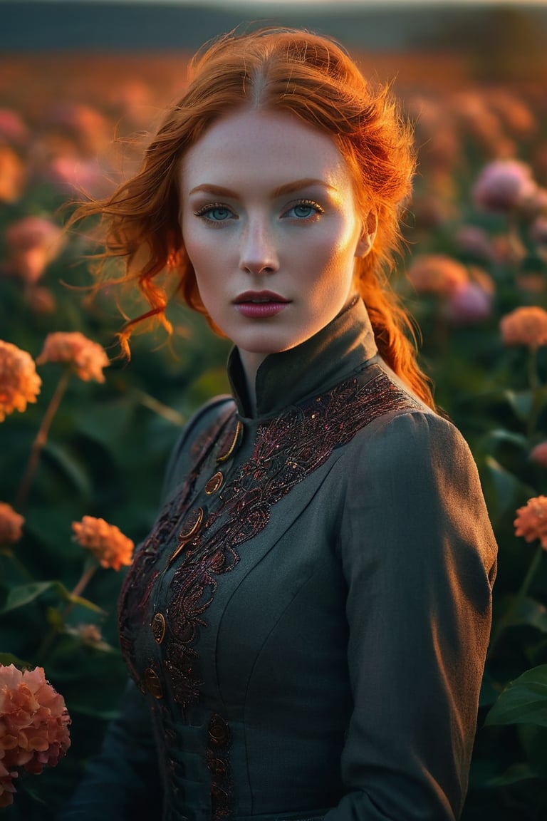 A mesmerizing and enigmatic of ginger woman, captures her ethereal form illuminated by a soft, glowing light. The background showcases a field of vibrant flowers, with petal vortices swirling in the wind, creating a mystical atmosphere. The distinct style combines elements of deco steampunk and futuristic aesthetics, with mist and silhouettes adding depth to the scene. This captivating, wide long shot visual masterpiece is a stunning representation of Abstract Neorealism, blending perfect detail and moody tones to create an unforgettable work of art. Eye contact.