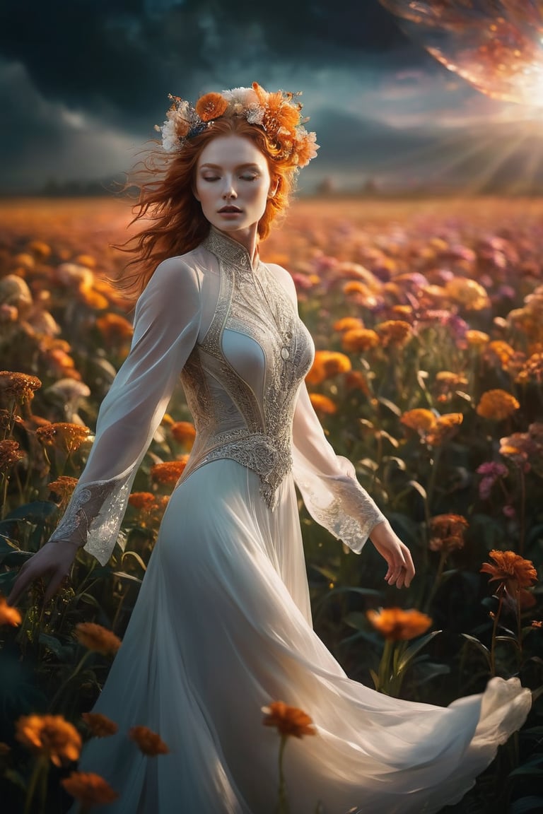 A mesmerizing and enigmatic of ginger woman, captures her ethereal form illuminated by a soft, glowing light. The background showcases a field of vibrant flowers, with petal vortices swirling in the wind, creating a mystical atmosphere. The artist's distinct style combines elements of deco steampunk and futuristic aesthetics, with mist and silhouettes adding depth to the scene. This captivating, wide long shot visual masterpiece is a stunning representation of Abstract Neorealism, blending perfect detail and moody tones to create an unforgettable work of art. Eye contact.