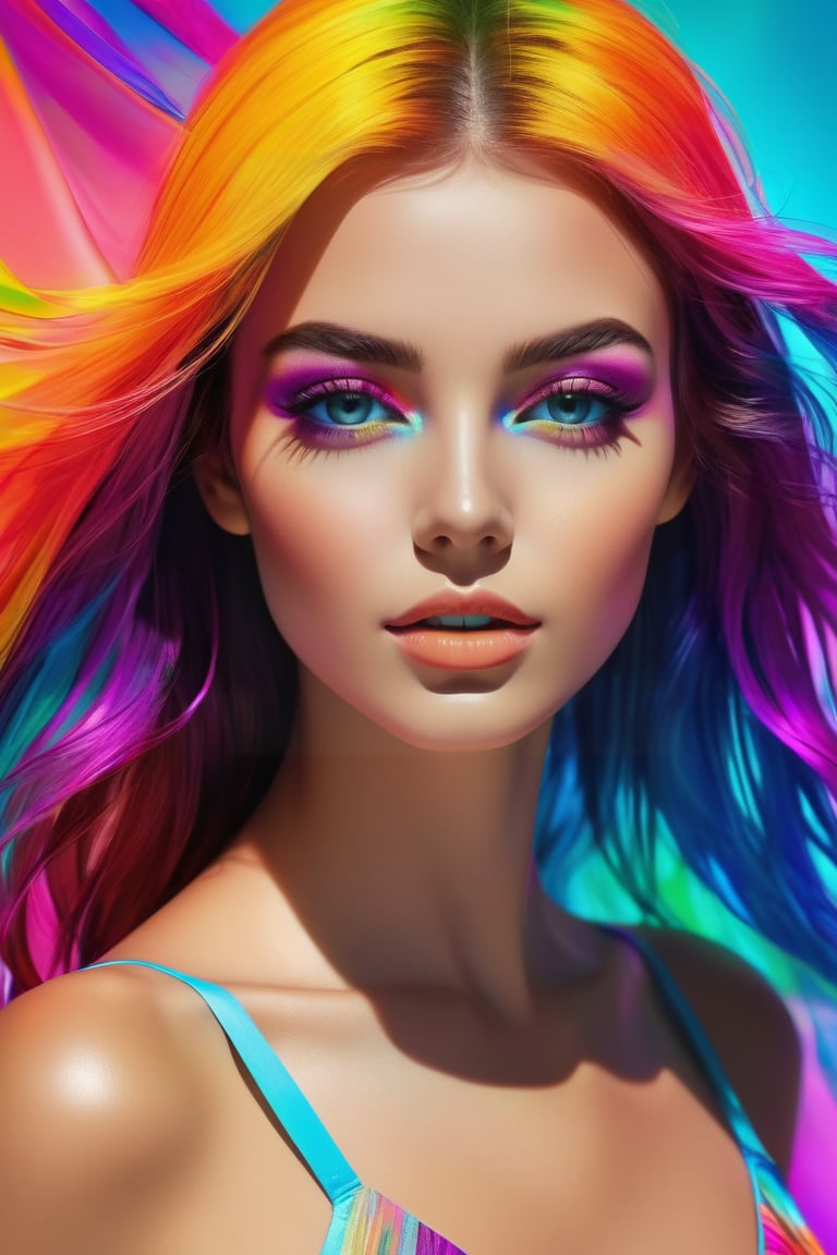 a looking digital beautiful female, digitally illustrated and made up of very bright colours and a brightly coloured translucent fil background, full body portrait, eye contact