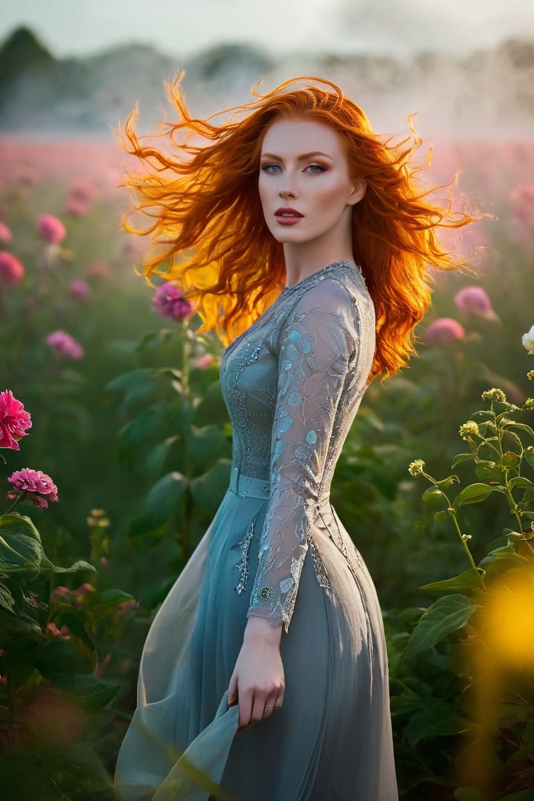 A mesmerizing and enigmatic of ginger woman, captures her ethereal form illuminated by a soft, glowing light. The background showcases a field of vibrant flowers, with petal vortices swirling in the wind, creating a mystical atmosphere. The distinct style combines elements of deco steampunk and futuristic aesthetics, with mist and silhouettes adding depth to the scene. This captivating, wide long shot visual masterpiece is a stunning representation of Abstract Neorealism, blending perfect detail and moody tones to create an unforgettable work of art. Eye contact.