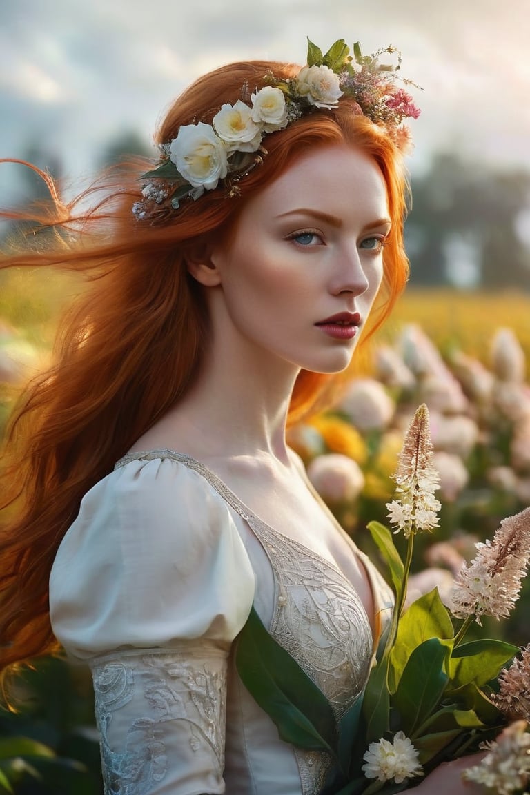 A mesmerizing and enigmatic of ginger woman, captures her ethereal form illuminated by a soft, glowing light. The background showcases a field of vibrant flowers, with petal vortices swirling in the wind, creating a mystical atmosphere. The distinct style combines elements of deco steampunk and futuristic aesthetics, with mist and silhouettes adding depth to the scene. This captivating, wide long shot visual masterpiece is a stunning representation of Abstract Neorealism, blending perfect detail and moody tones to create an unforgettable work of art. Eye contact.