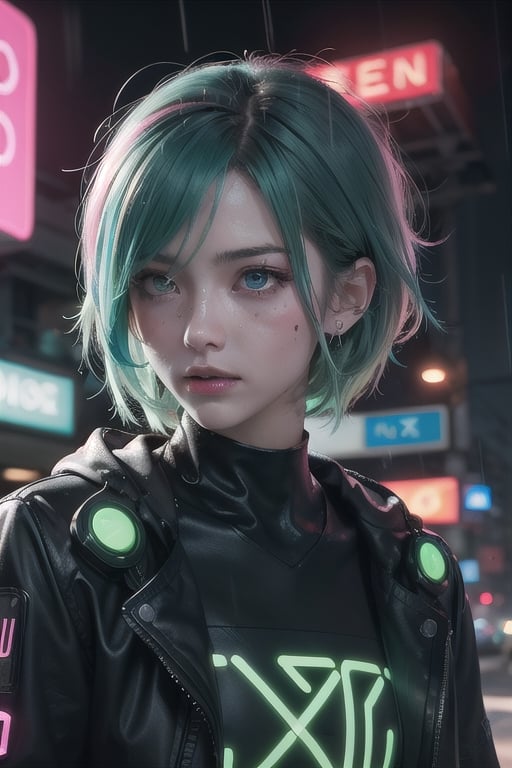 Cyberpunk, rain. neon light flashing,1girls,green-eyes, Short blue-green hair, bruises on face, more blue and pink neon lights in the background,Raindrops fell from my face