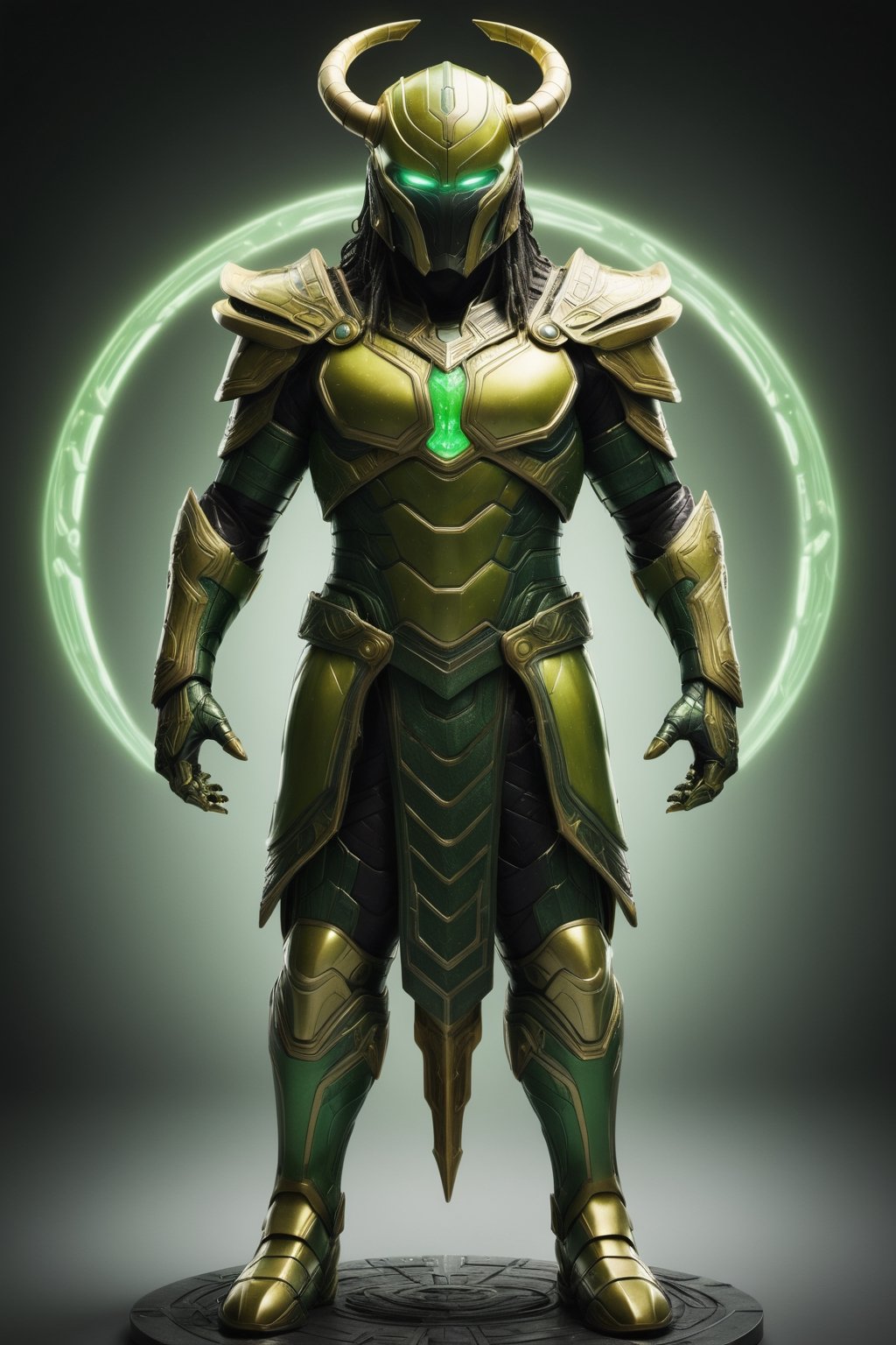 A hyper-realistic and detailed Loki suit rendered in the style of the "Alien vs. Predator" movie. The suit is made of a heavily armored, green and gold material with Asgardian symbols and glowing green accents. The helmet is sleek and aerodynamic, and the scepter is made of a powerful, glowing green material. Loki is standing in a Asgardian realm, surrounded by strange creatures and energy. He is casting a spell, ready to unleash his magic. Use particle effects and magical energy to create a sense of wonder.