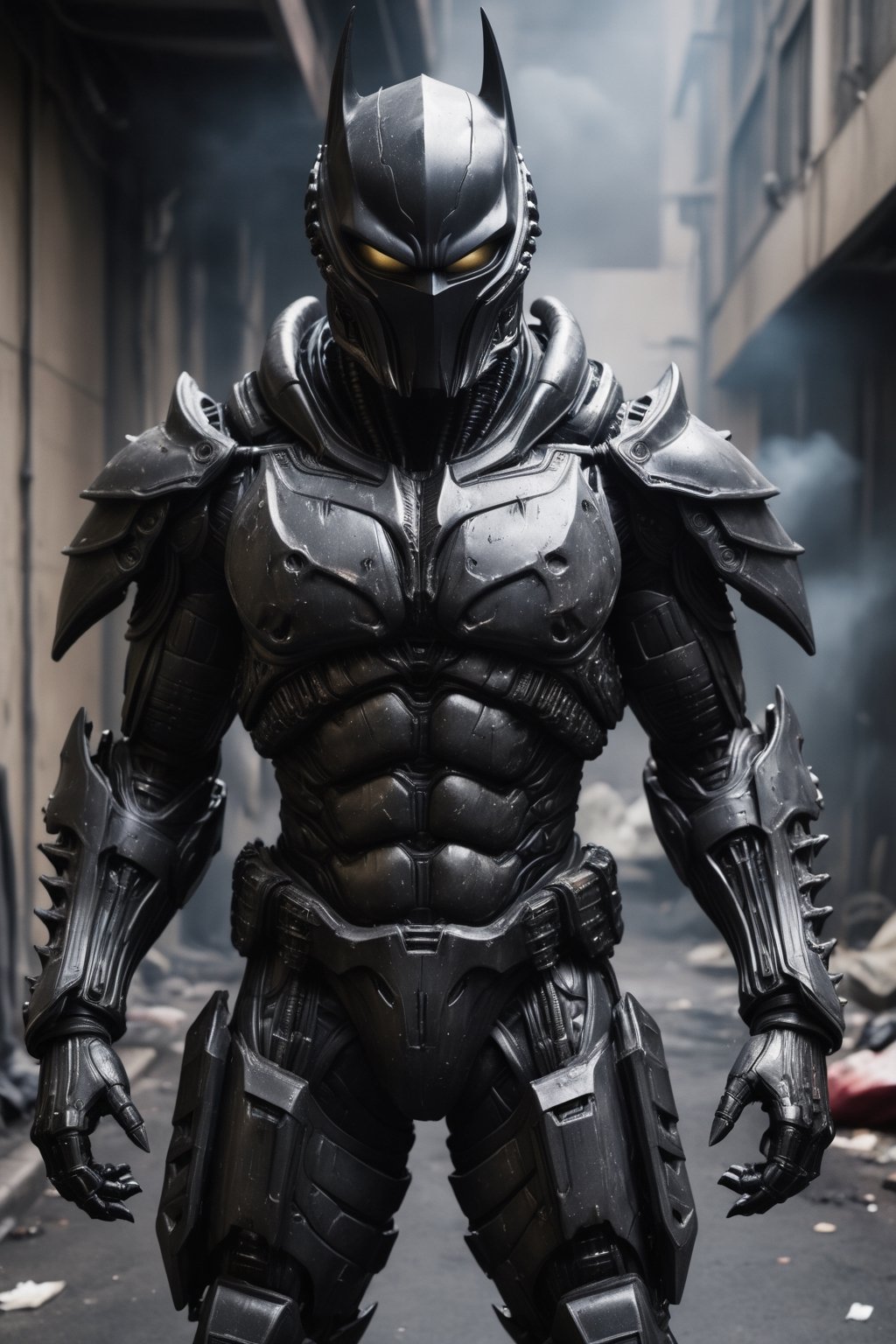 A futuristic Batman suit in the style of the movie "Alien vs. Predator". The suit is made of a heavy, armored material with a bat-like design. It has a built-in武器系统, including a grappling hook, batarangs, and a flamethrower. Batman is standing in a dark alleyway, facing off against a group of Xenomorphs. The background is dark and gritty, with smoke and debris flying through the air.

