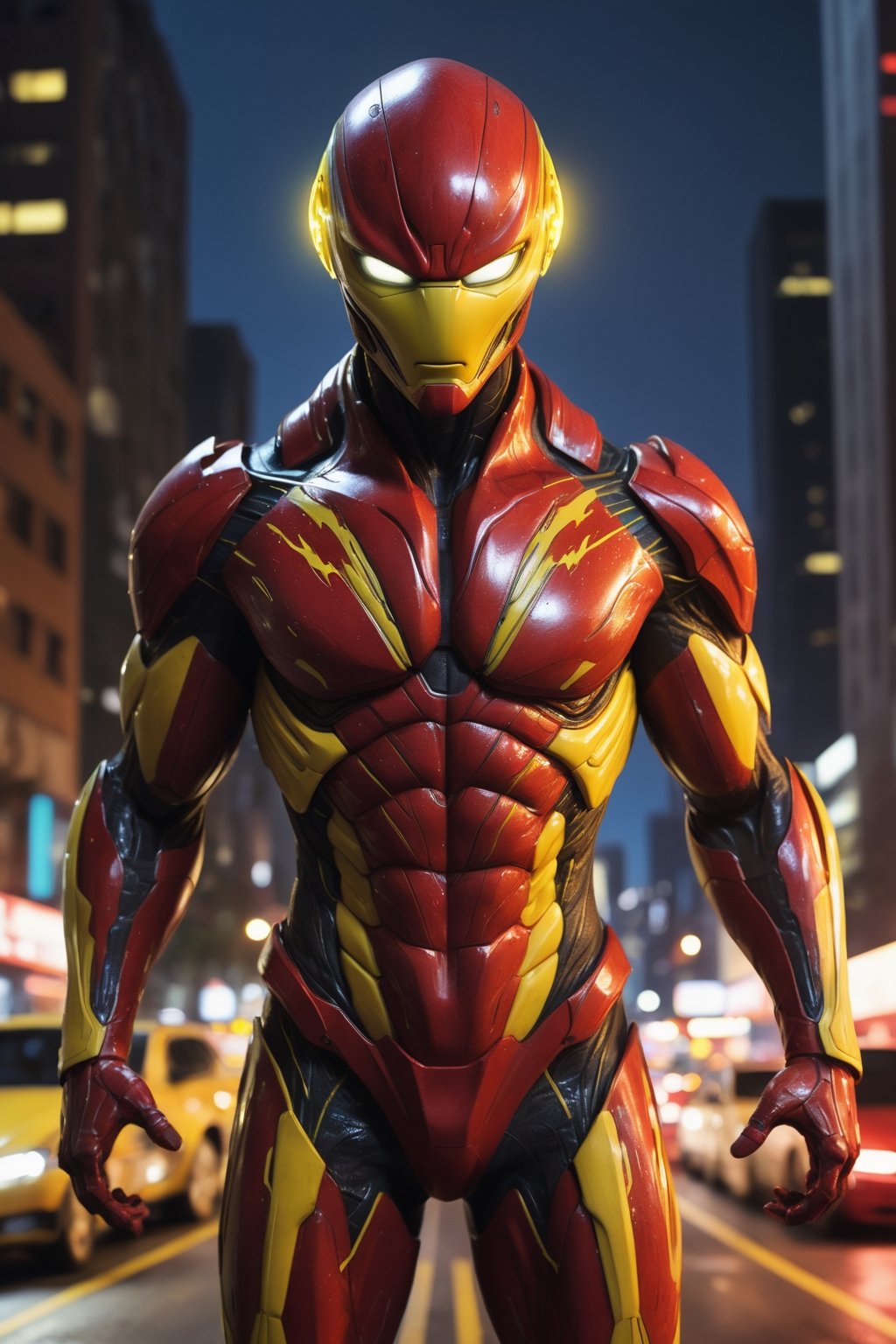 A hyper-realistic and detailed Flash suit rendered in the style of the "Alien vs. Predator" movie. The suit is made of a sleek, red, and yellow material with lightning bolt details and glowing yellow accents. The cowl is sleek and aerodynamic, and the suit is covered in闪电纹. Flash is running through a cityscape, surrounded by people and cars. He is moving at incredible speeds, creating a sonic boom as he passes by.

