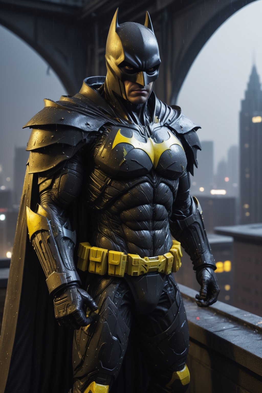 A hyper-realistic and detailed Batman suit rendered in the style of the "Alien vs. Predator" movie. The suit is made of a heavily armored, black, and metallic material with bat-like features and glowing yellow accents. The cowl is sleek and aerodynamic, and the cape is made of a flowing, black material. Batman is standing on a rooftop, overlooking a rain-soaked city. He is holding a grappling gun in one hand and a batarang in the other. Use volumetric lighting and fog to create a sense of atmosphere.