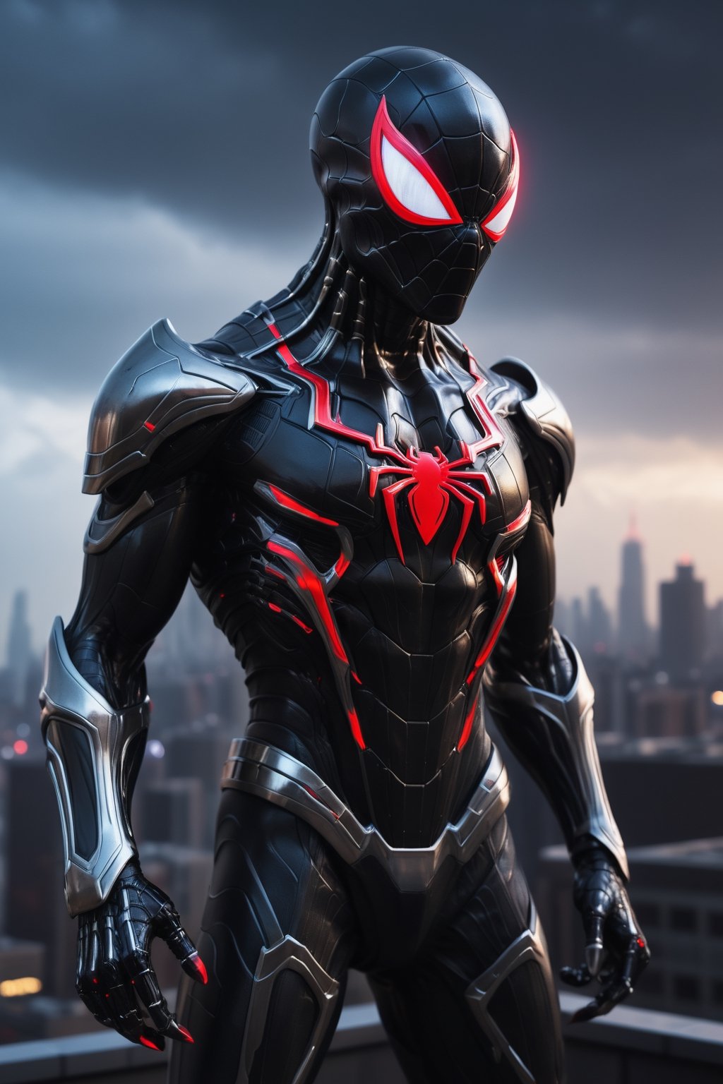 A futuristic Spider-Man suit in the style of the movie "Alien vs. Predator". The suit is made of a sleek, black material with silver accents. It has a biomechanical design, with glowing red eyes and sharp claws. Spider-Man is standing on a rooftop, looking out over a futuristic cityscape. The background is dark and ominous, with a stormy sky and neon lights.

