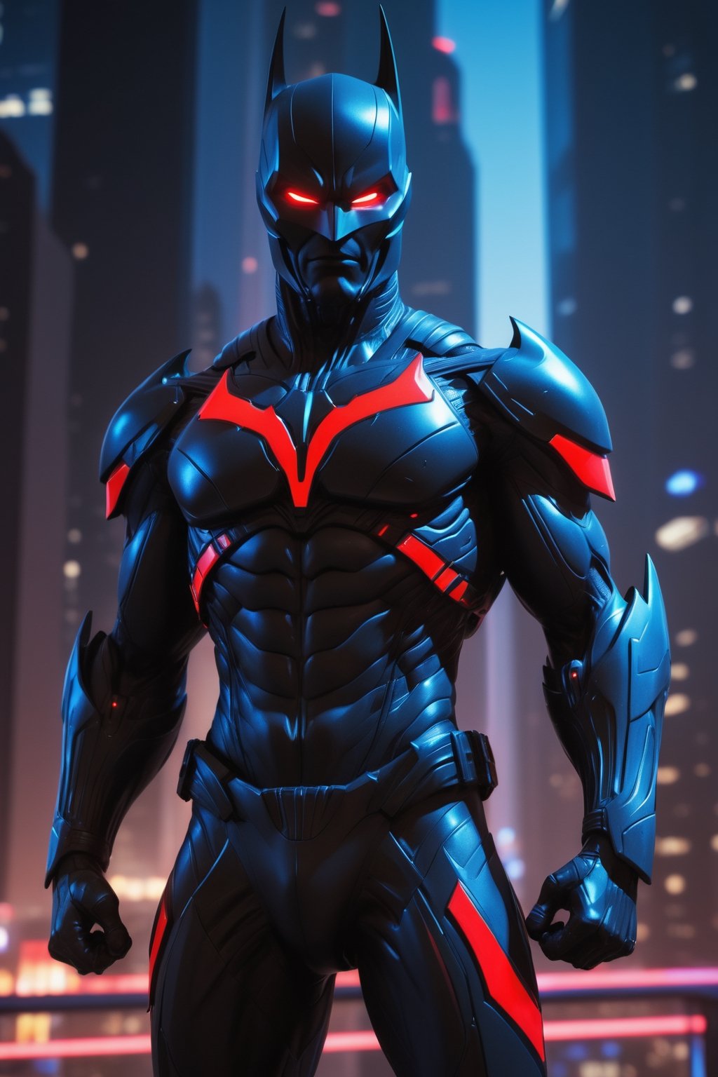 A hyper-realistic and detailed Batman Beyond suit rendered in the style of the "Alien vs. Predator" movie. The suit is made of a sleek, black and red material with futuristic technology and glowing blue accents. The cowl is sleek and aerodynamic, and the suit is equipped with various weapons and gadgets. Batman Beyond is standing in a futuristic city, surrounded by skyscrapers and neon lights. He is gliding through the air, ready to fight crime. Use physically-based rendering to create realistic lighting and materials.

