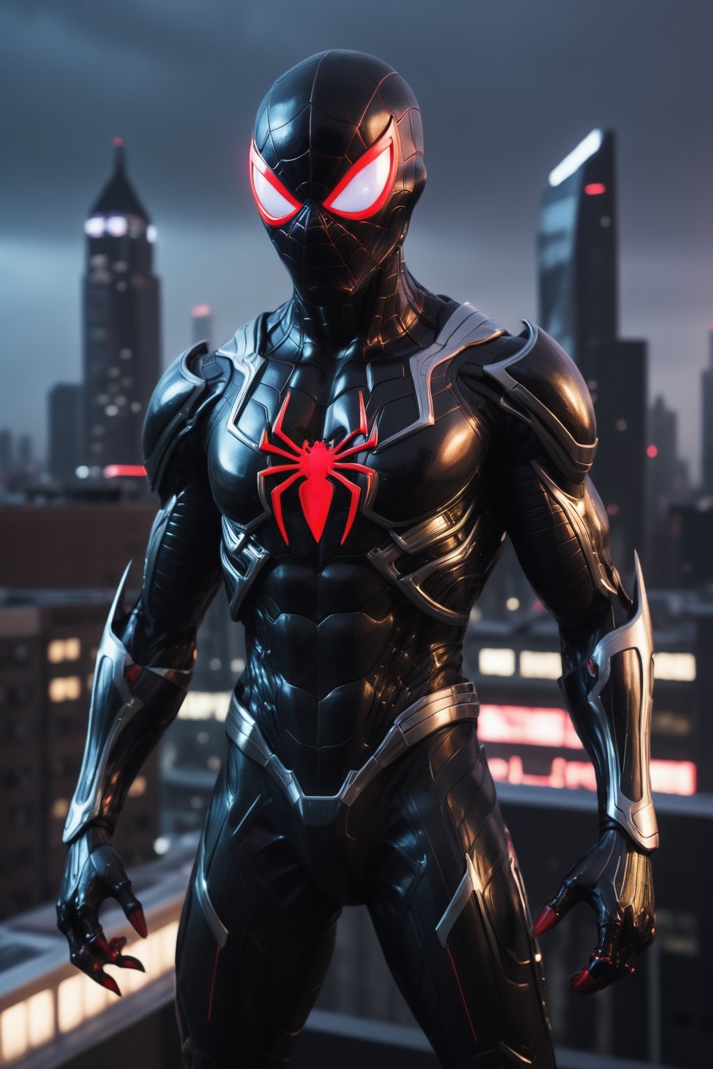 A futuristic Spider-Man suit in the style of the movie "Alien vs. Predator". The suit is made of a sleek, black material with silver accents. It has a biomechanical design, with glowing red eyes and sharp claws. Spider-Man is standing on a rooftop, looking out over a futuristic cityscape. The background is dark and ominous, with a stormy sky and neon lights.

