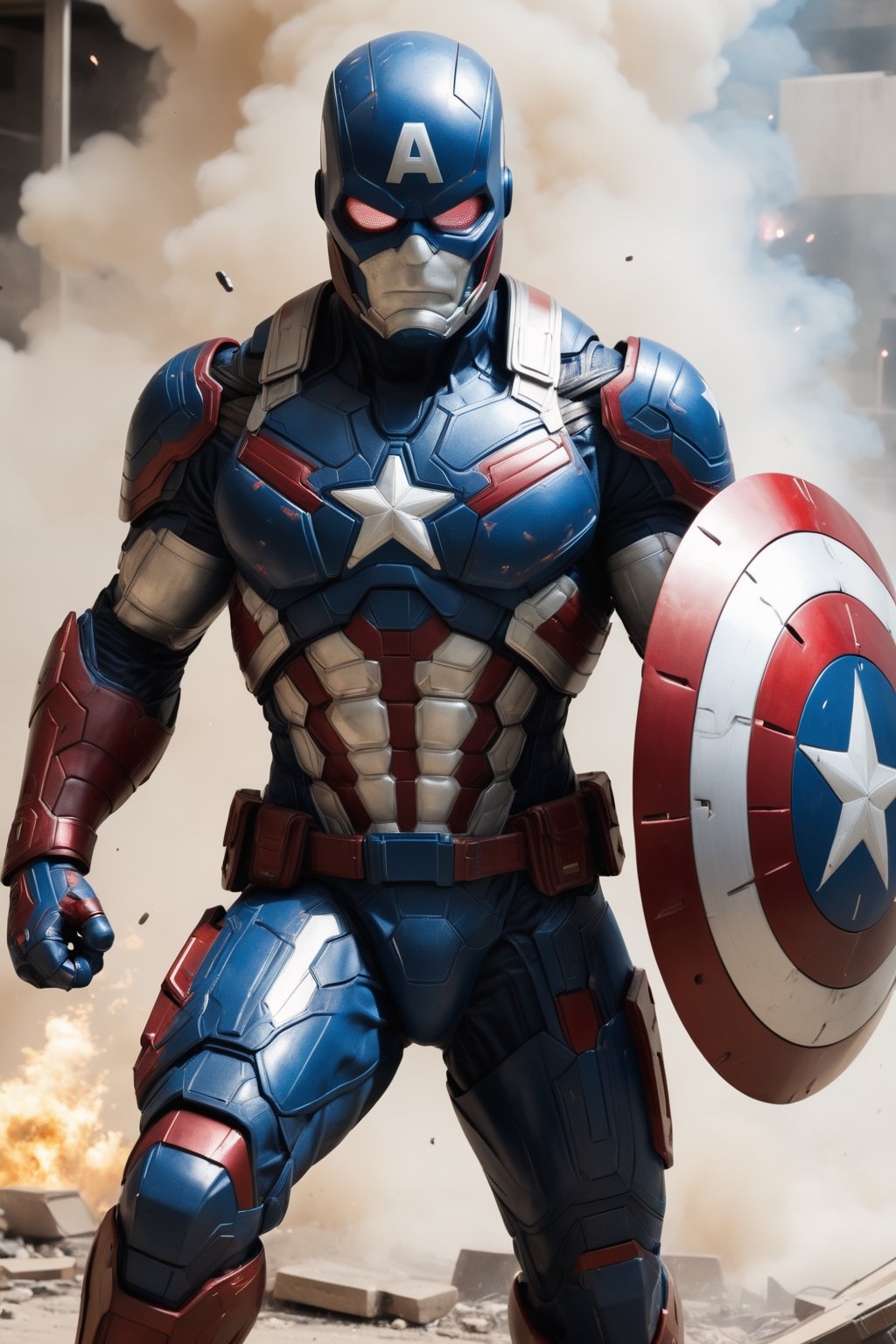 A hyper-realistic and detailed Captain America suit rendered in the style of the "Alien vs. Predator" movie. The suit is made of a heavily armored, red, white, and blue material with vibranium accents and glowing white stars. The helmet is sleek and aerodynamic, and the shield is made of a strong, vibranium alloy. Captain America is standing in a war zone, surrounded by explosions and gunfire. He is holding his shield in front of him, ready to protect the innocent. Use particle effects and explosions to create a sense of action.

