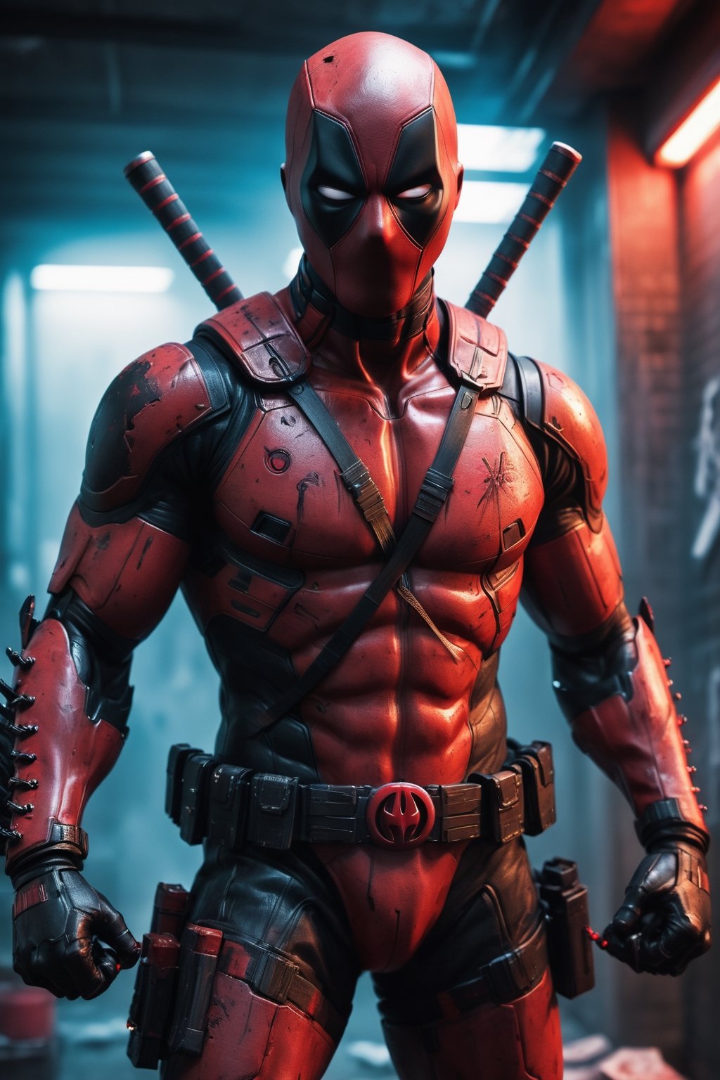 A hyper-realistic and detailed Deadpool suit rendered in the style of the "Alien vs. Predator" movie. The suit is made of a sleek, red and black material with Deadpool's signature symbol and glowing red accents. The mask is sleek and aerodynamic, and the suit is equipped with various weapons and gadgets. Deadpool is standing in a dark and gritty alleyway, surrounded by smoke and neon lights. He is holding his katanas in front of him, ready to slice and dice his enemies. Use photorealistic lighting and shadows.

