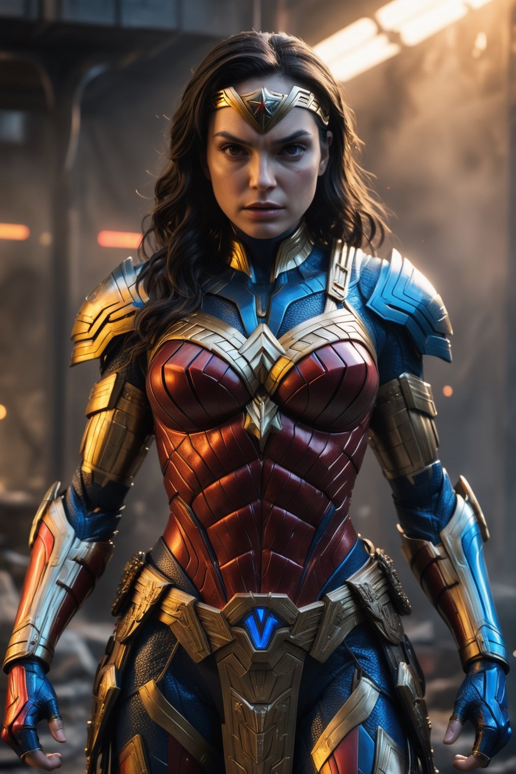 A hyper-realistic and detailed Wonder Woman suit rendered in the style of the "Alien vs. Predator" movie. The suit is made of a heavily armored, red, gold, and blue material with Amazonian symbols and glowing blue accents. The tiara is sleek and aerodynamic, and the bracelets are equipped with various weapons and gadgets. Wonder Woman is standing in a war zone, surrounded by explosions and gunfire. She is blocking an attack with her bracelets, ready to unleash her Amazonian fury. Use particle effects and explosions to create a sense of action.

