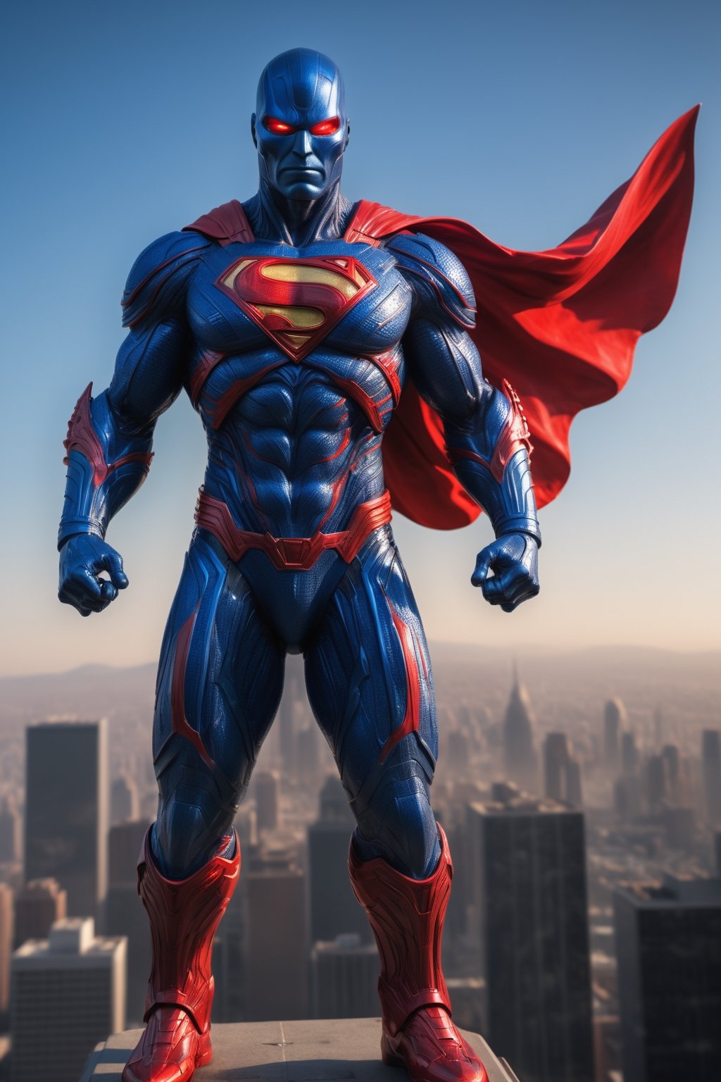 A hyper-realistic and detailed Superman suit rendered in the style of the "Alien vs. Predator" movie. The suit is made of a classic blue and red material with Kryptonian symbols and glowing red accents. The cape is flowing and majestic, and the boots are sleek and aerodynamic. Superman is flying through the air, over a vast cityscape. He is holding his hands in front of him, ready to use his heat vision.

