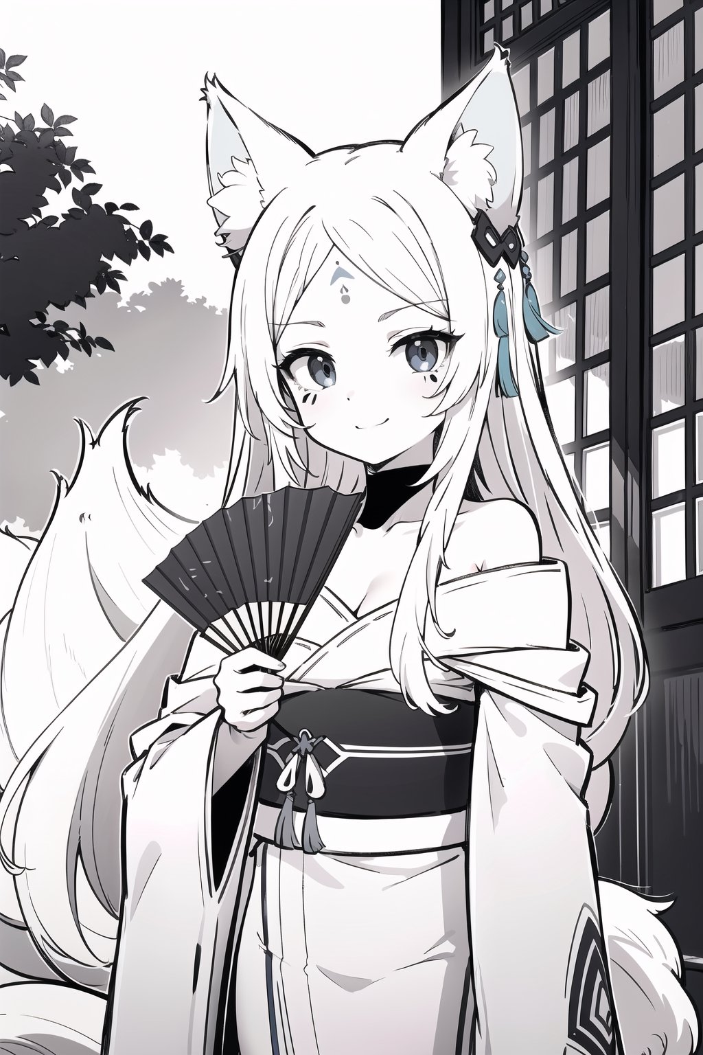 kyuubi, yukime-hairstyle, outfit-yukime kimono,white kimonno,forehead mark, tassel hair ornament, fox girl,lady,mature female,off shoulder,outside,highres,official art,original,masterpiece,best quality,  fox tail, folding fan, fan cover face, bare shoulders, smirk, looking_at_viewer,watercolor,monochrome