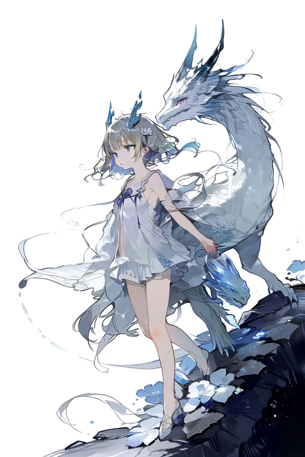 white dragon,aesthetic, dragonoid girl,