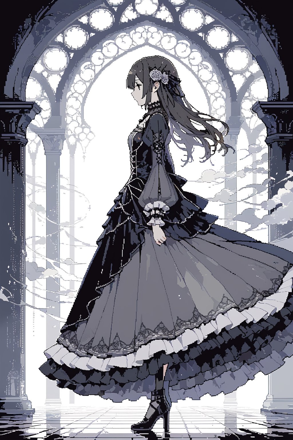 1girl, gothic dress, from side,
masterpiece, best quality, aethetic, illustration,pixel art, 