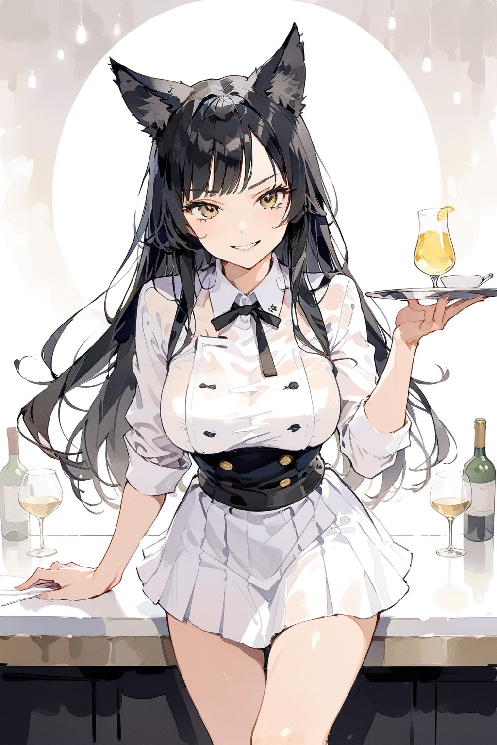 masterpiece, best quality, aesthetic,a mature girl,black-hair,smooth straight hair,wolf ears,waitress uniform ,facing viewer,full_body, seductive_pose, smirk