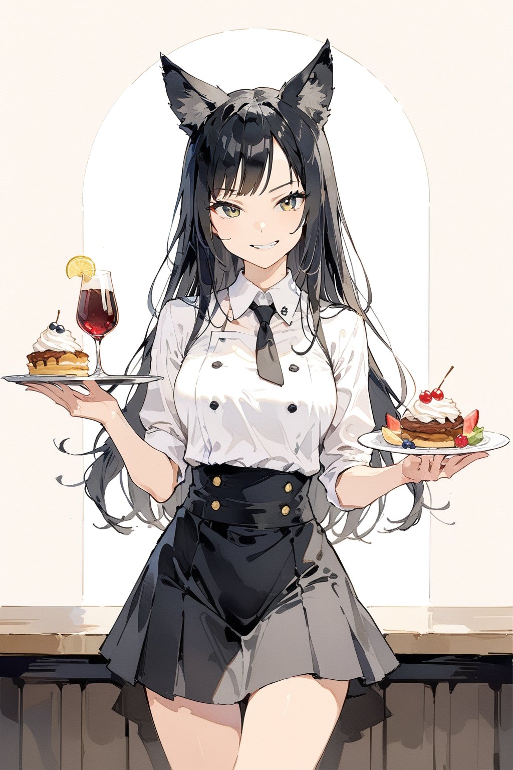masterpiece, best quality, aesthetic,a mature girl,black-hair,smooth straight hair,wolf ears,waitress uniform ,facing viewer,full_body, smirk