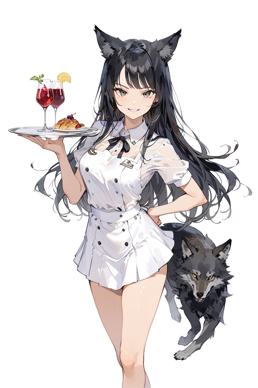 masterpiece, best quality, aesthetic,a mature girl,black-hair,smooth straight hair,wolf ears,waitress uniform ,facing viewer,full_body, seductive_pose, smirk