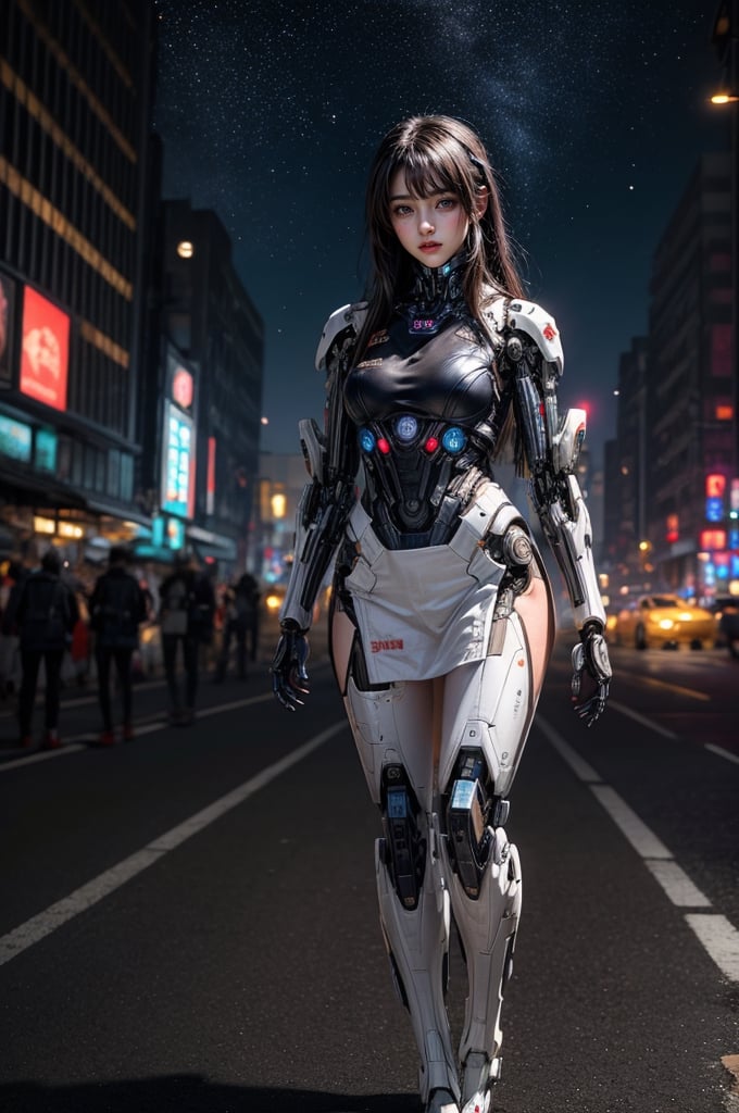 official art, unity 8k wallpaper, (ultra detailed), beautiful and aesthetic, beautiful, masterpiece, best quality, (1girl:1.3), mature female, cyberpunk, mecha, sexy, iridescent eyes, starry sky, standing, futubot, futureaodai