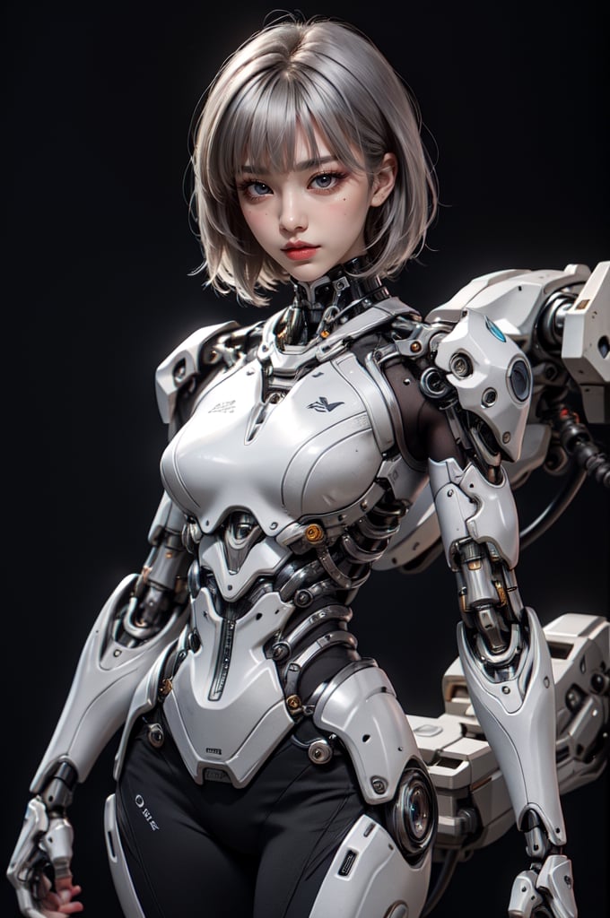 cowboy shot,a curvy cyborg females having luster metallic silver body and mechanical joints and internal structure exposed,short silver hair and see_through blunt bangs and glossy dark_brown eyes,breaking time in black background,30 yo,looking at viewer,relaxed ,masterpiece