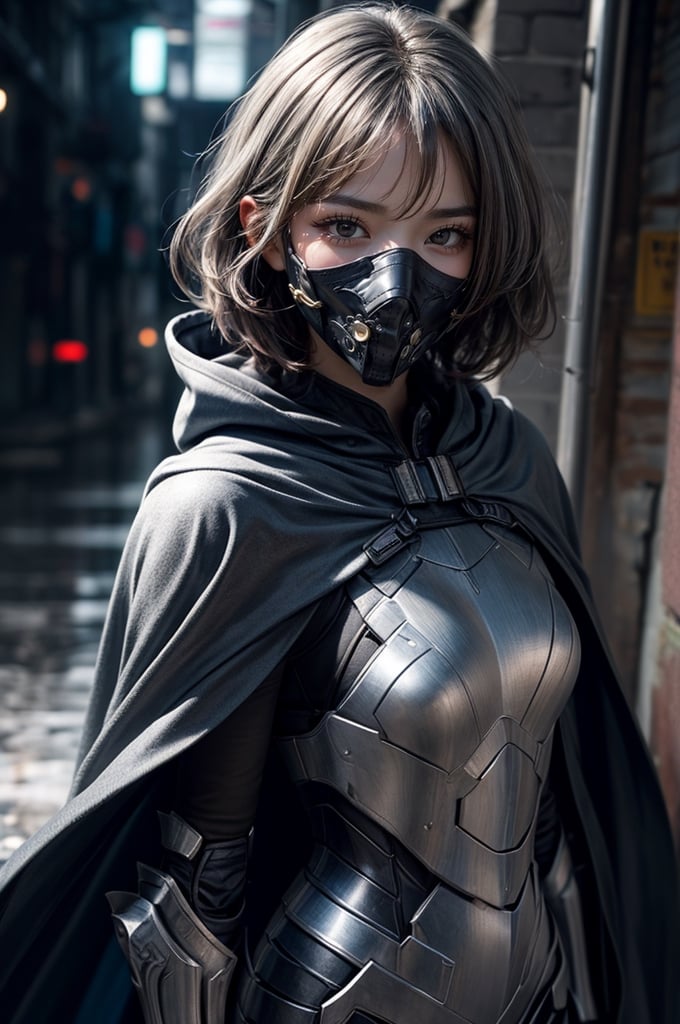 armored girl, grey hood and cape, background dark space battlefield, heavy rain, light silver short hair, blue glowing beautiful eyes, cowboy_shot, blue glowing lined simple armor plate, dark environment, high detailed face, Advance mask, intense war,nodf_lora